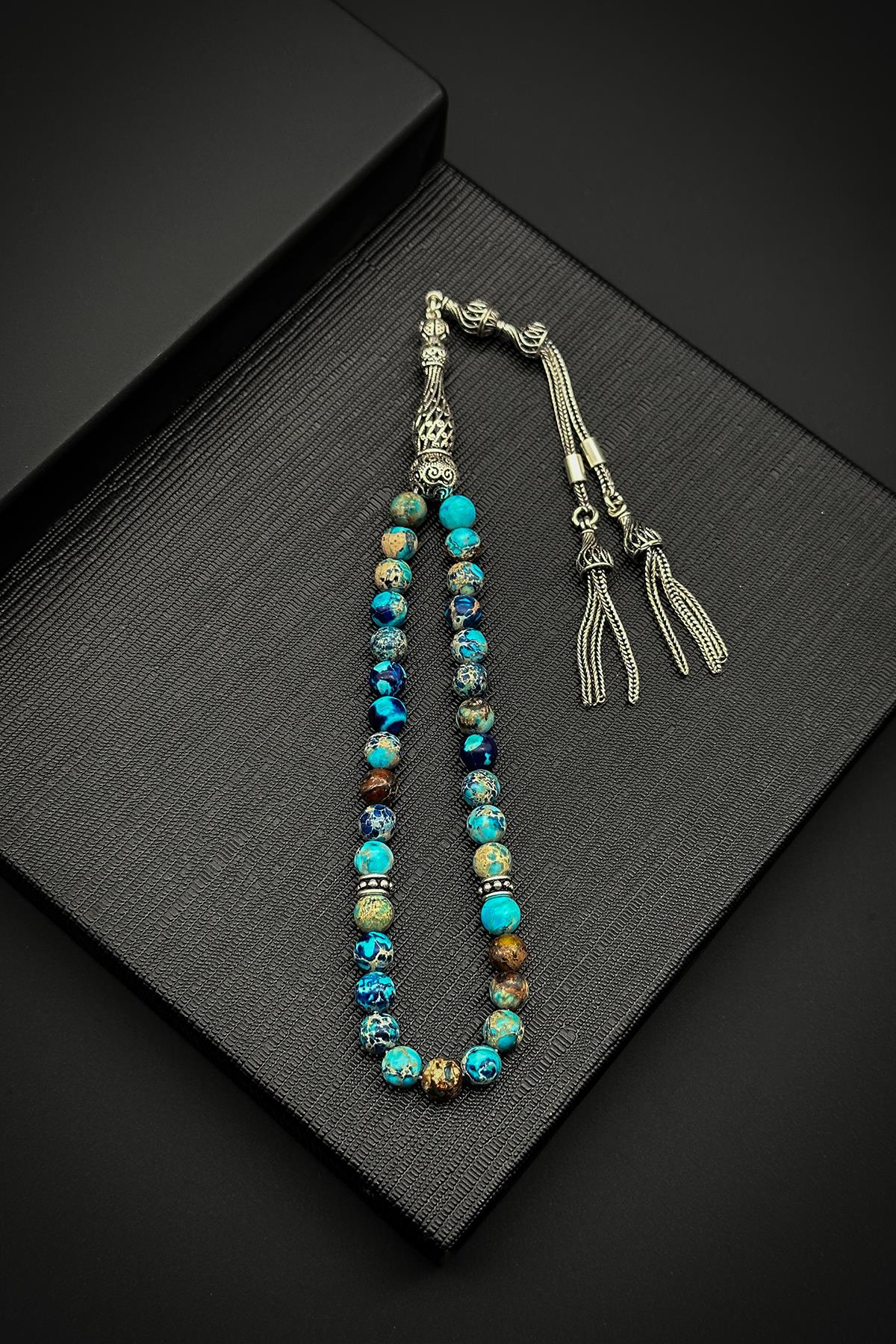 FRNCH 925 Ayar Gümüş İmameli Afrika Turkuazı Doğal Taşlı Turkuaz Renk Tesbih FRJ80001-101-M5