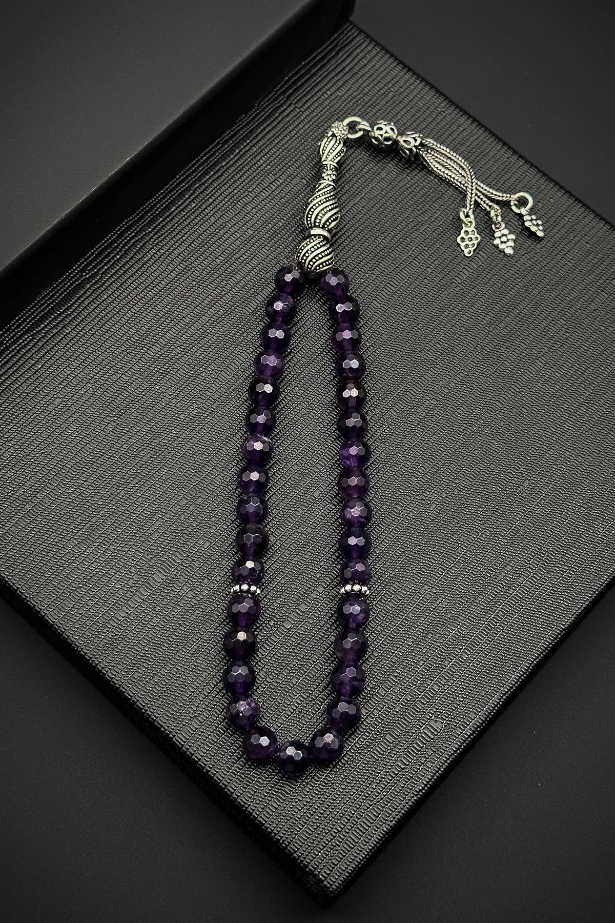 FRNCH 925 Ayar Gümüş İmameli Ametist Taşlı Mor Tesbih FRJ80001-101-M3