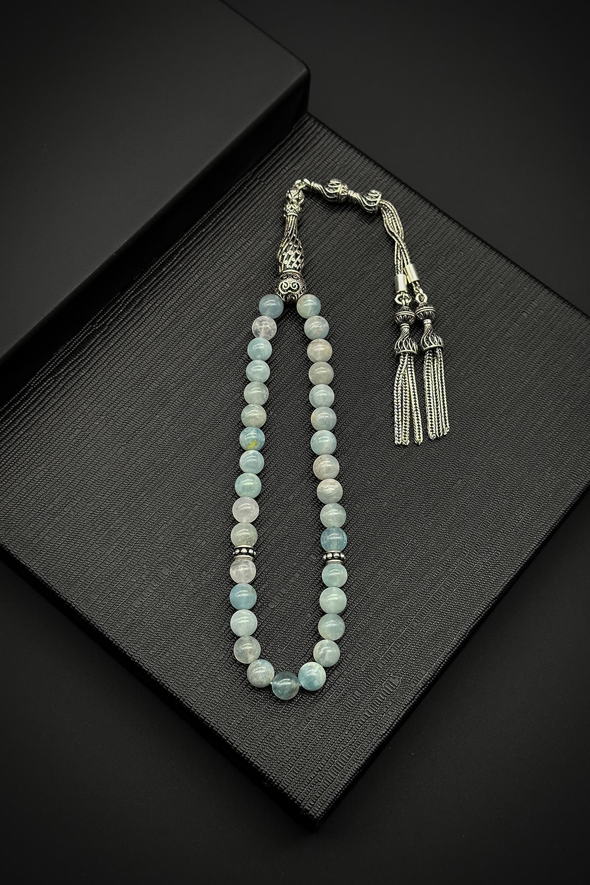 FRNCH 925 Ayar Gümüş İmameli Aqua Marine Doğal Taşlı Mavi Renk Tesbih FRJ80001-101-M4