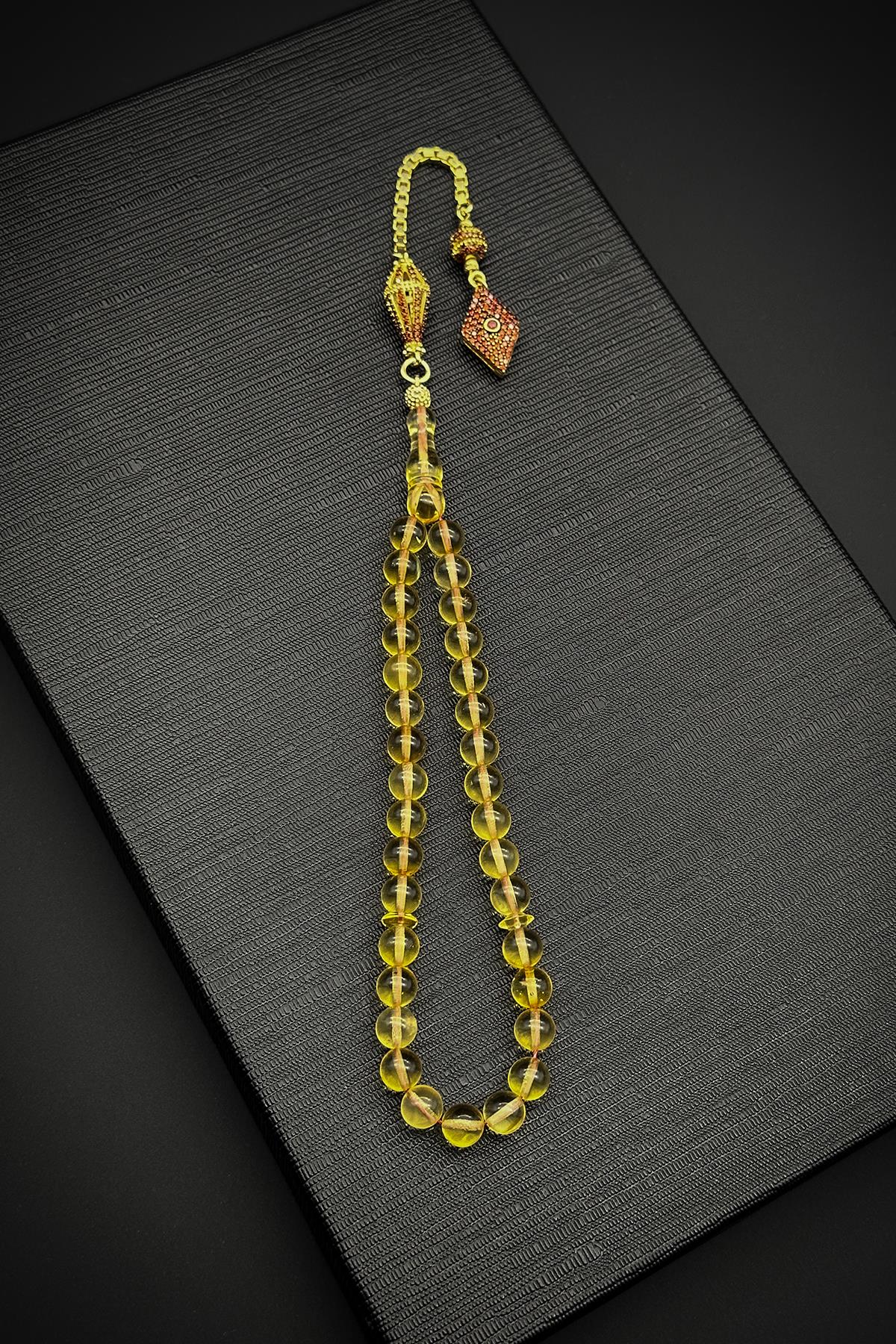 FRNCH 925 Ayar Gümüş İmameli Damla Kehribar Sarı Renk Tesbih FRJ80003-103-S