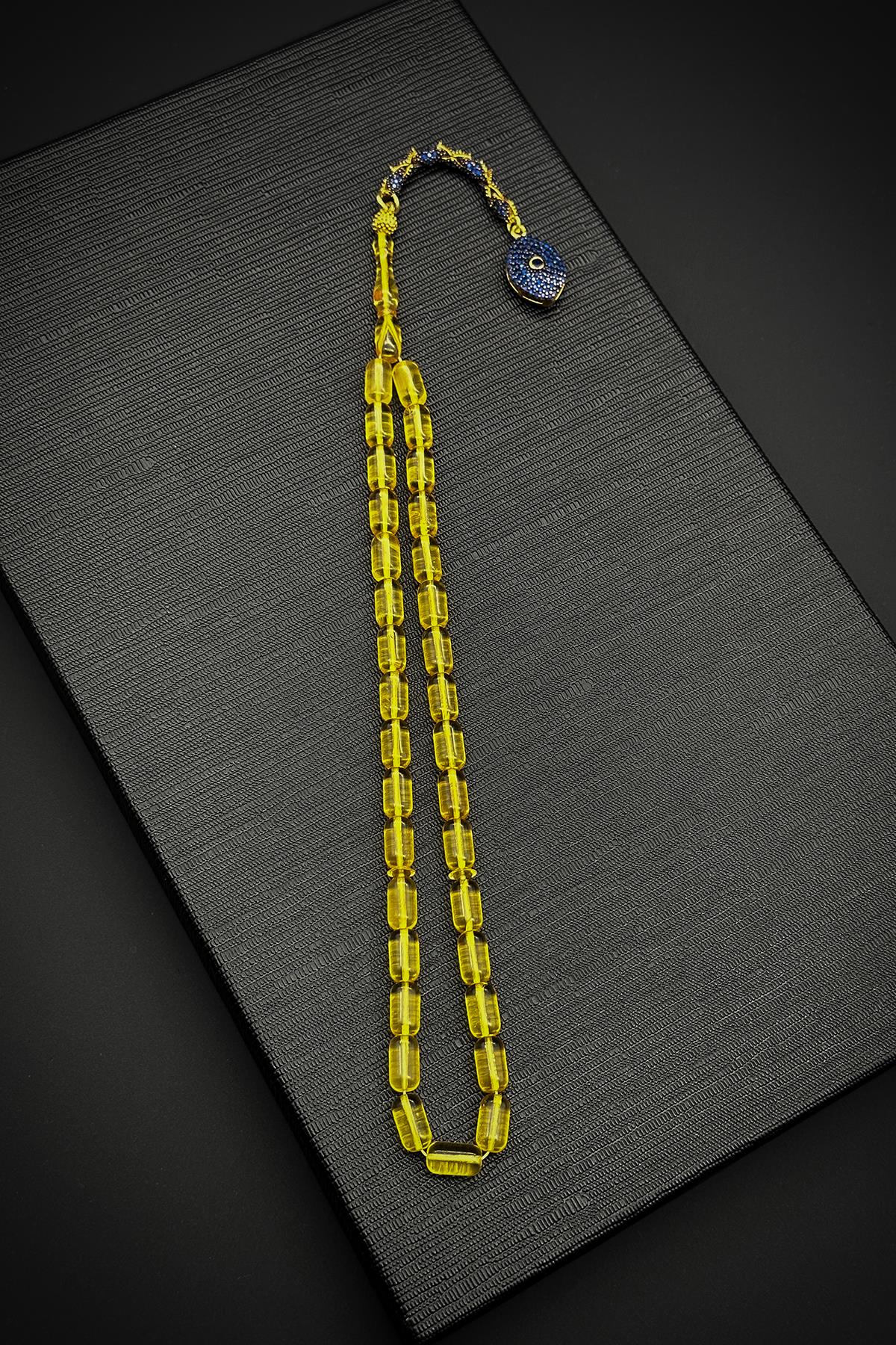 FRNCH 925 Ayar Gümüş İmameli Damla Kehribar Sarı Renk Tesbih FRJ80003-103-S2