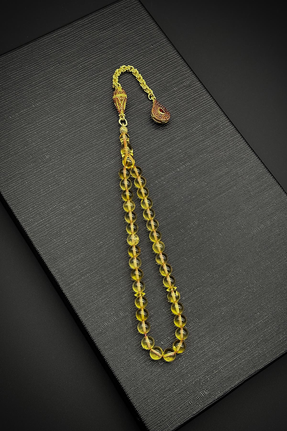 FRNCH 925 Ayar Gümüş İmameli Damla Kehribar Sarı Renk Tesbih FRJ80003-103-S3