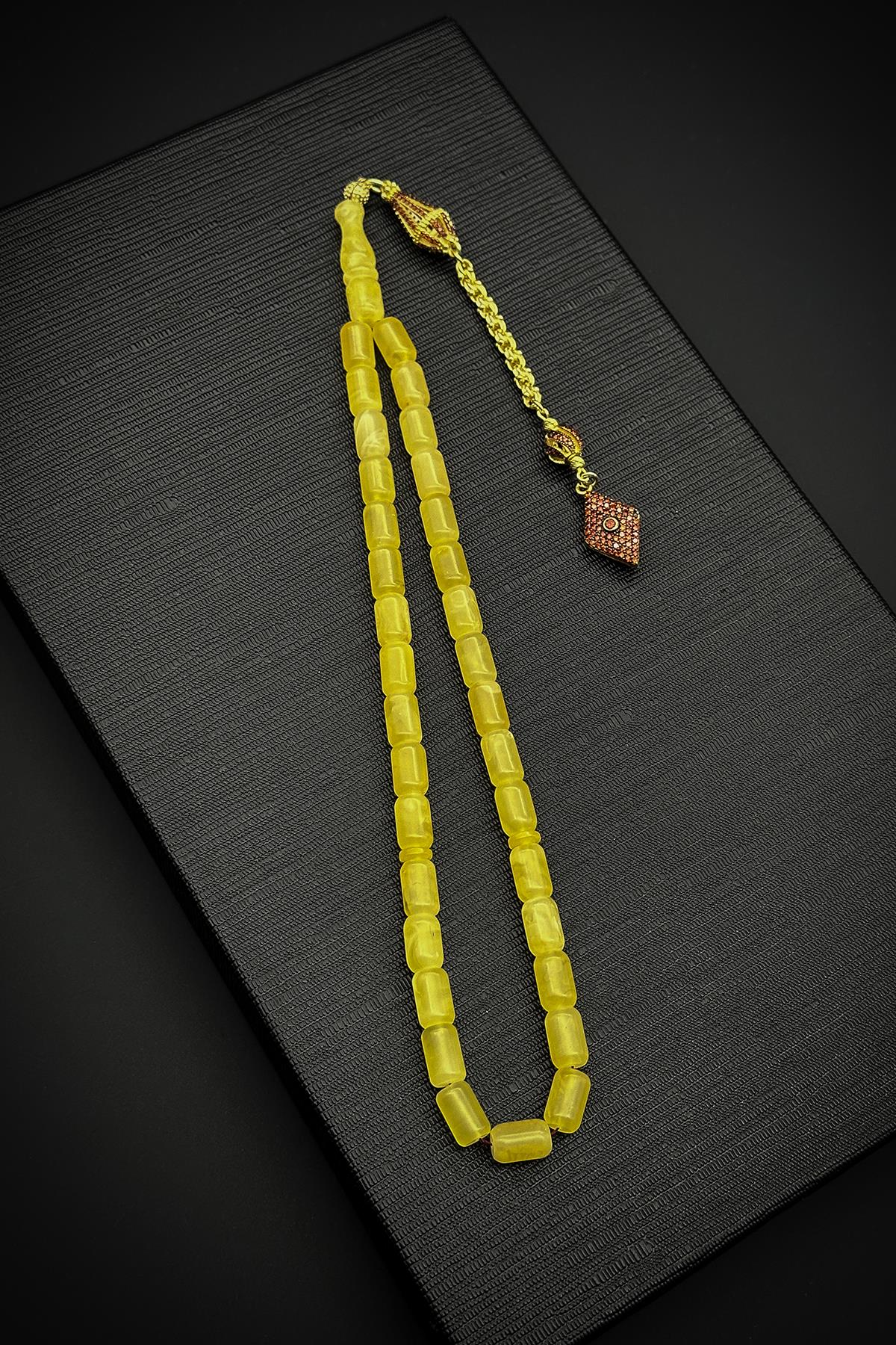 FRNCH 925 Ayar Gümüş İmameli Damla Kehribar Sarı Renk Tesbih FRJ80003-103-S5