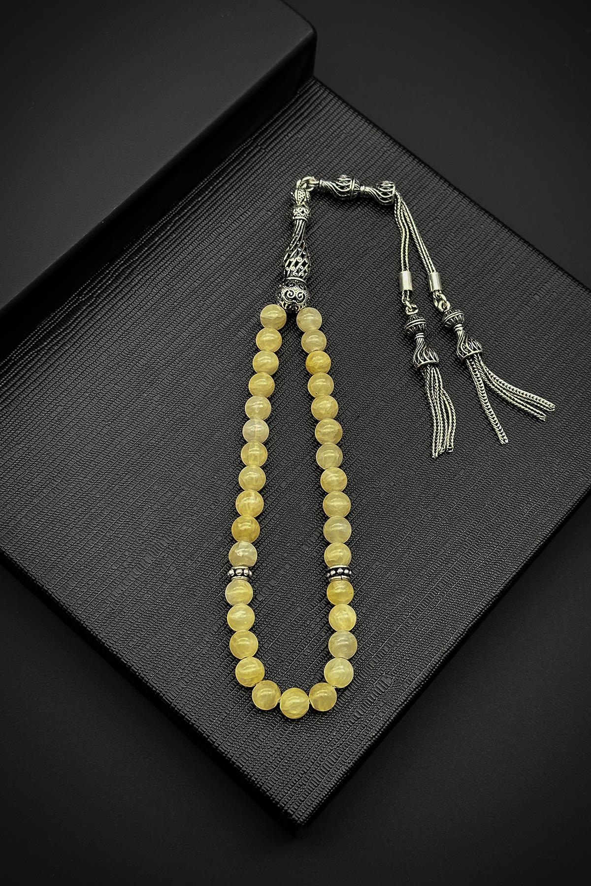 FRNCH 925 Ayar Gümüş İmameli Kalsit Doğal Taşlı Sarı Renk Tesbih FRJ80001-101-S3