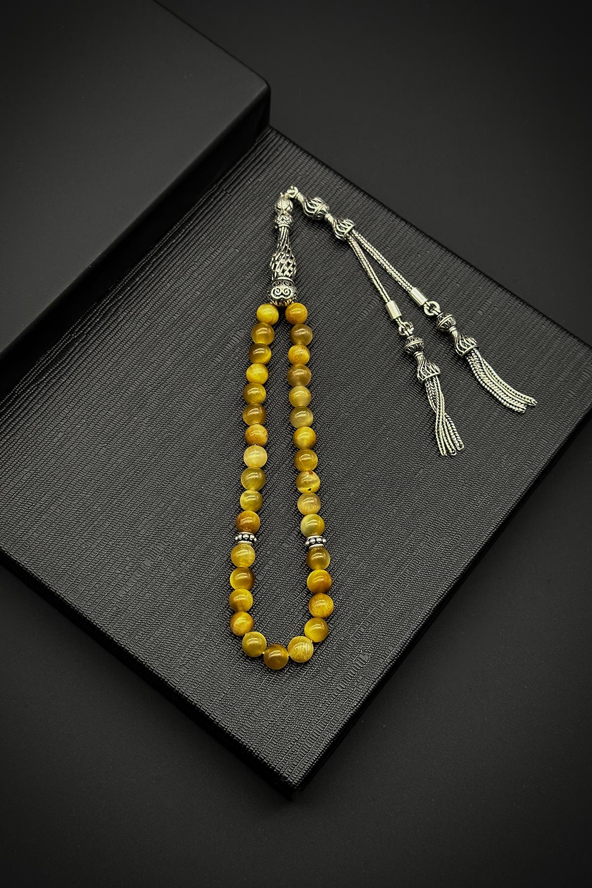 FRNCH 925 Ayar Gümüş İmameli Kaplan Gözü Doğal Taşlı Sarı Renk Tesbih FRJ80001-101-S4