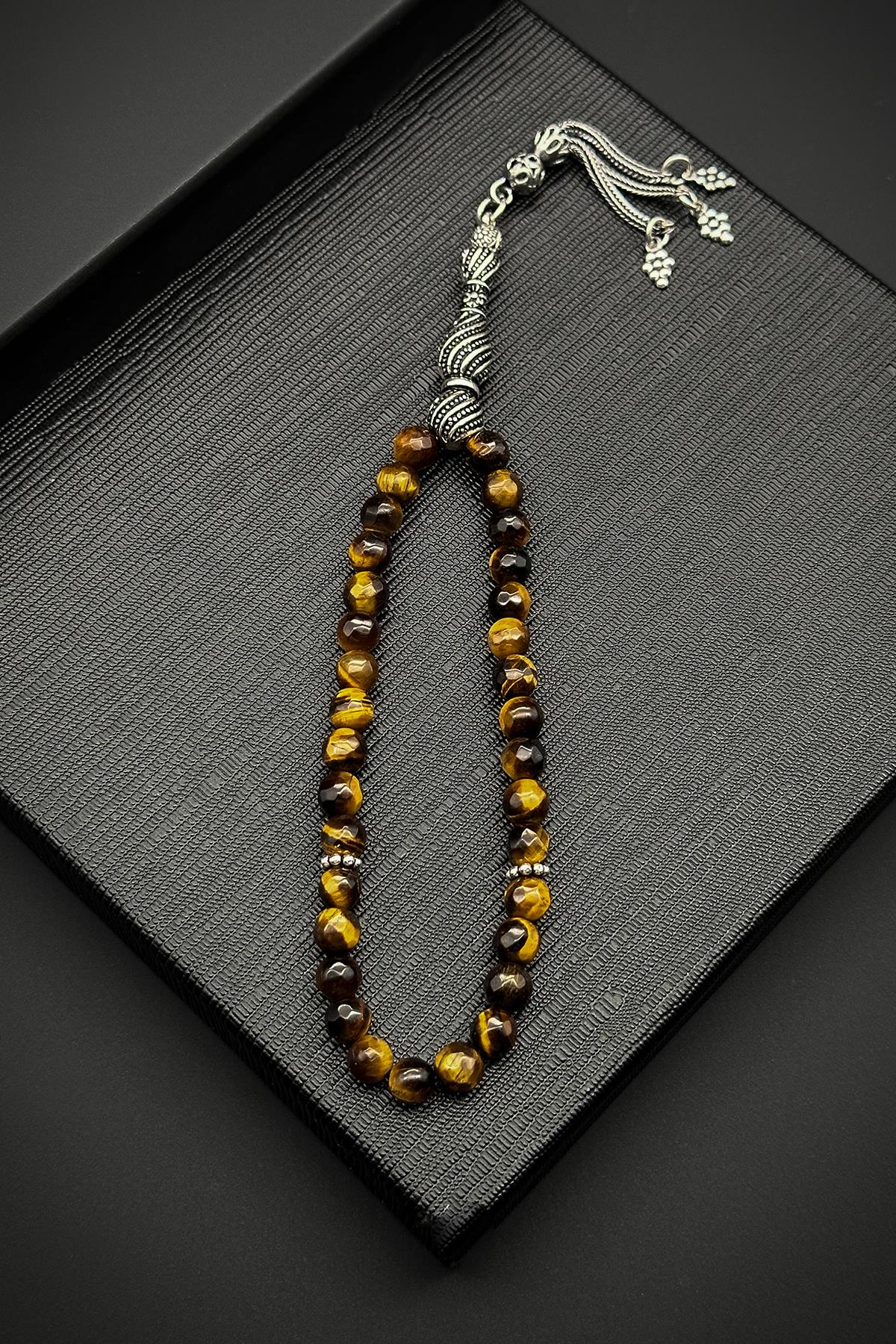 FRNCH 925 Ayar Gümüş İmameli Kaplan Gözü Taşlı Kahverengi Tesbih FRJ80001-101-K2