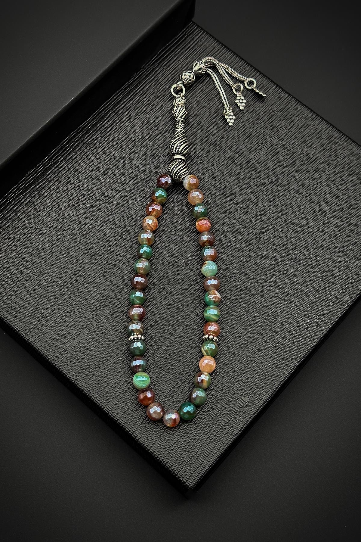 FRNCH 925 Ayar Gümüş İmameli Titanyum Kaplama Alaca Akik Taşlı Tesbih FRJ80001-101-CK