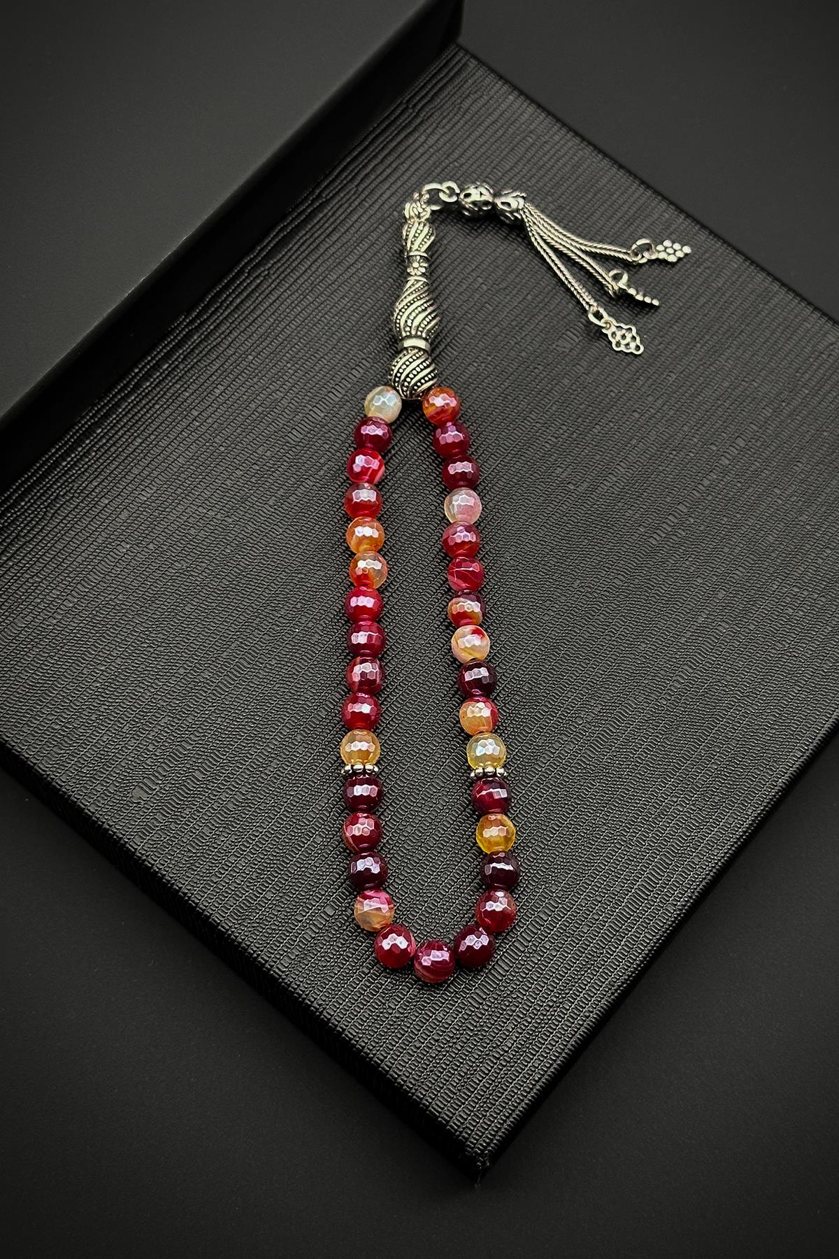 FRNCH 925 Ayar Gümüş İmameli Titanyum Kaplama Kırmızı Akik Taşlı Tesbih FRJ80001-101-K