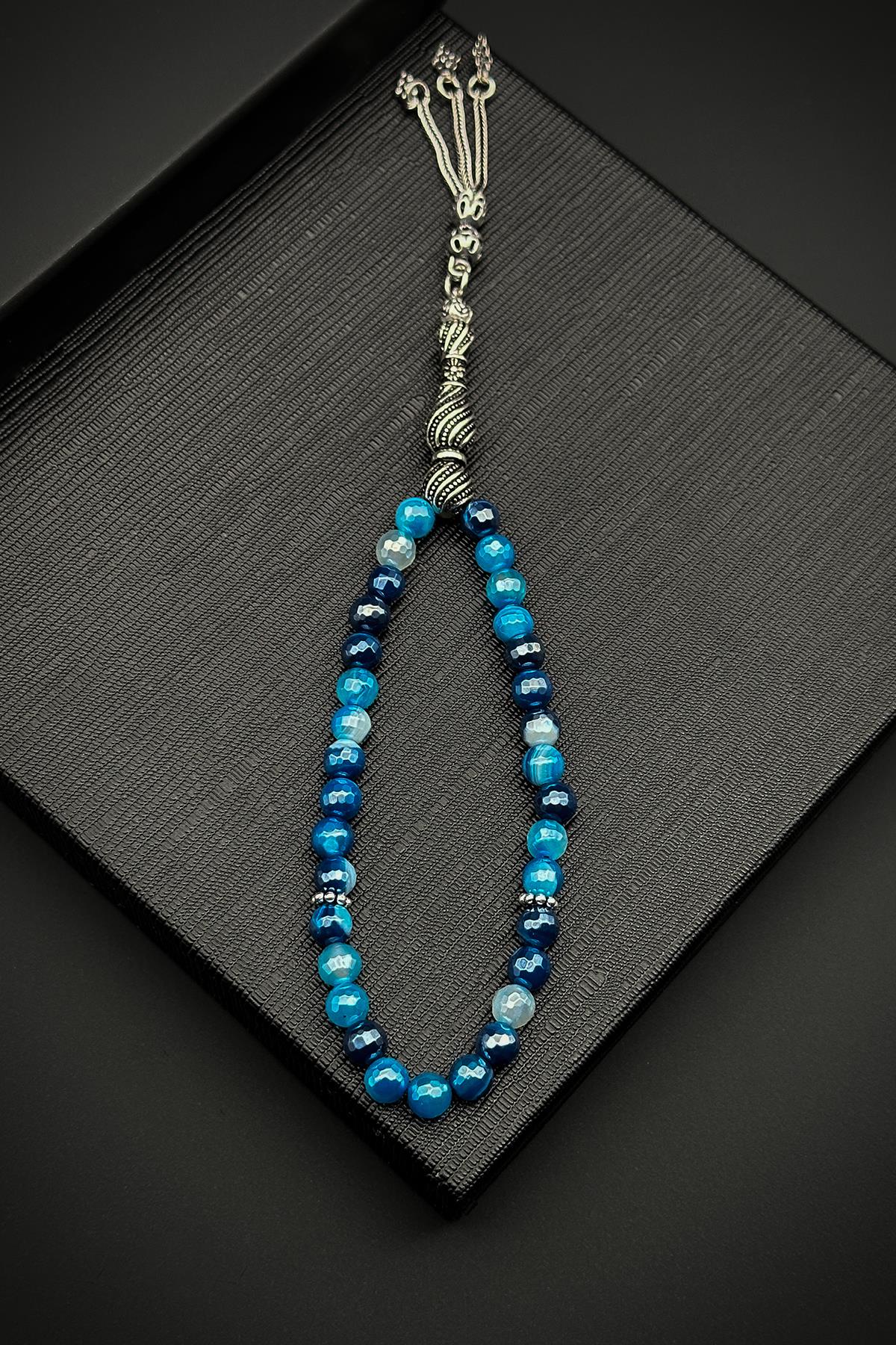 FRNCH 925 Ayar Gümüş İmameli Titanyum Kaplama Mavi Akik Taşlı Tesbih FRJ80001-101-M