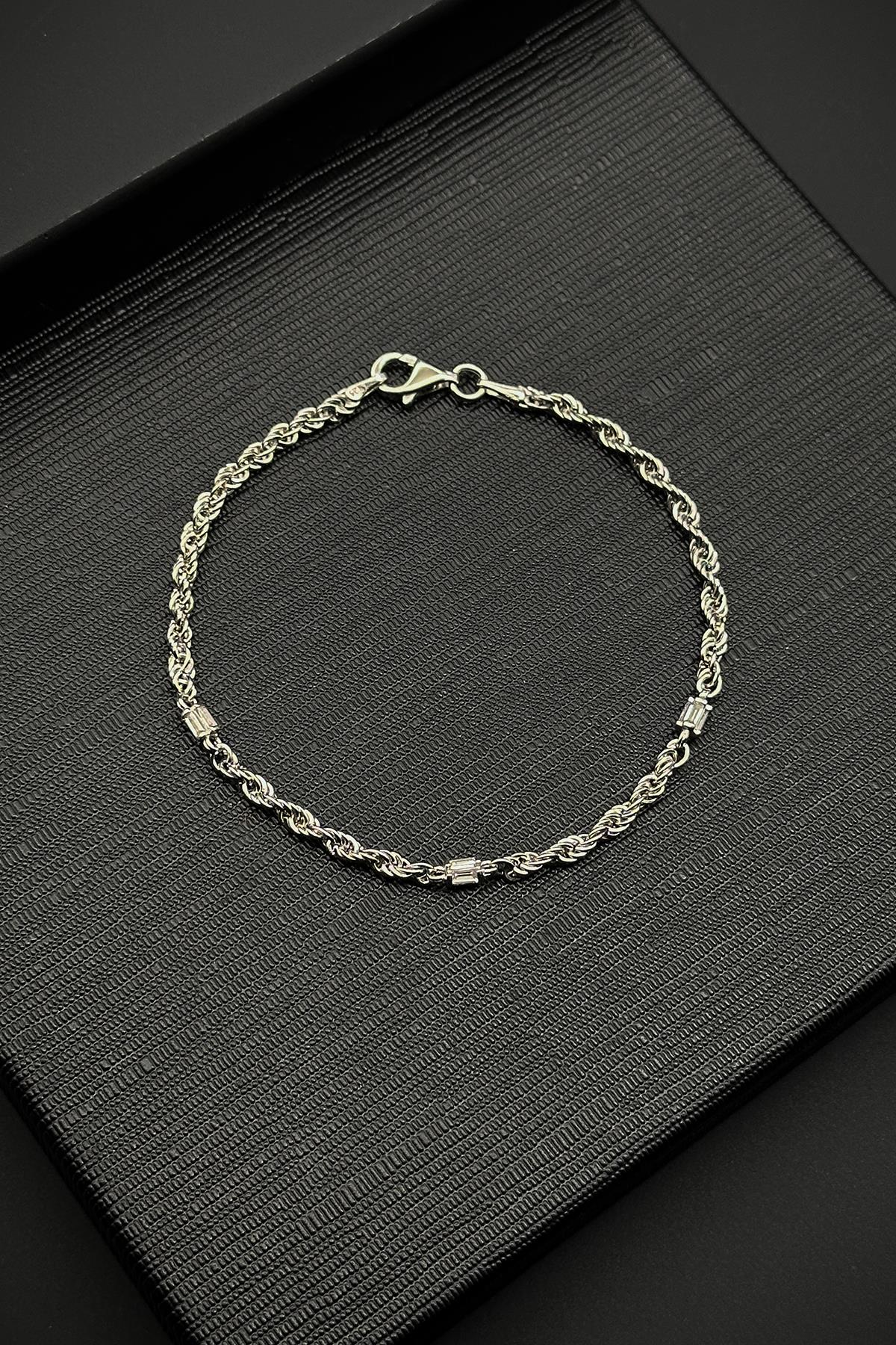 FRNCH 925 Ayar Gümüş İtalyan Model Beyaz Zirkon Taşlı Gümüş Renk Erkek Bileklik FRJ12362-3362-B