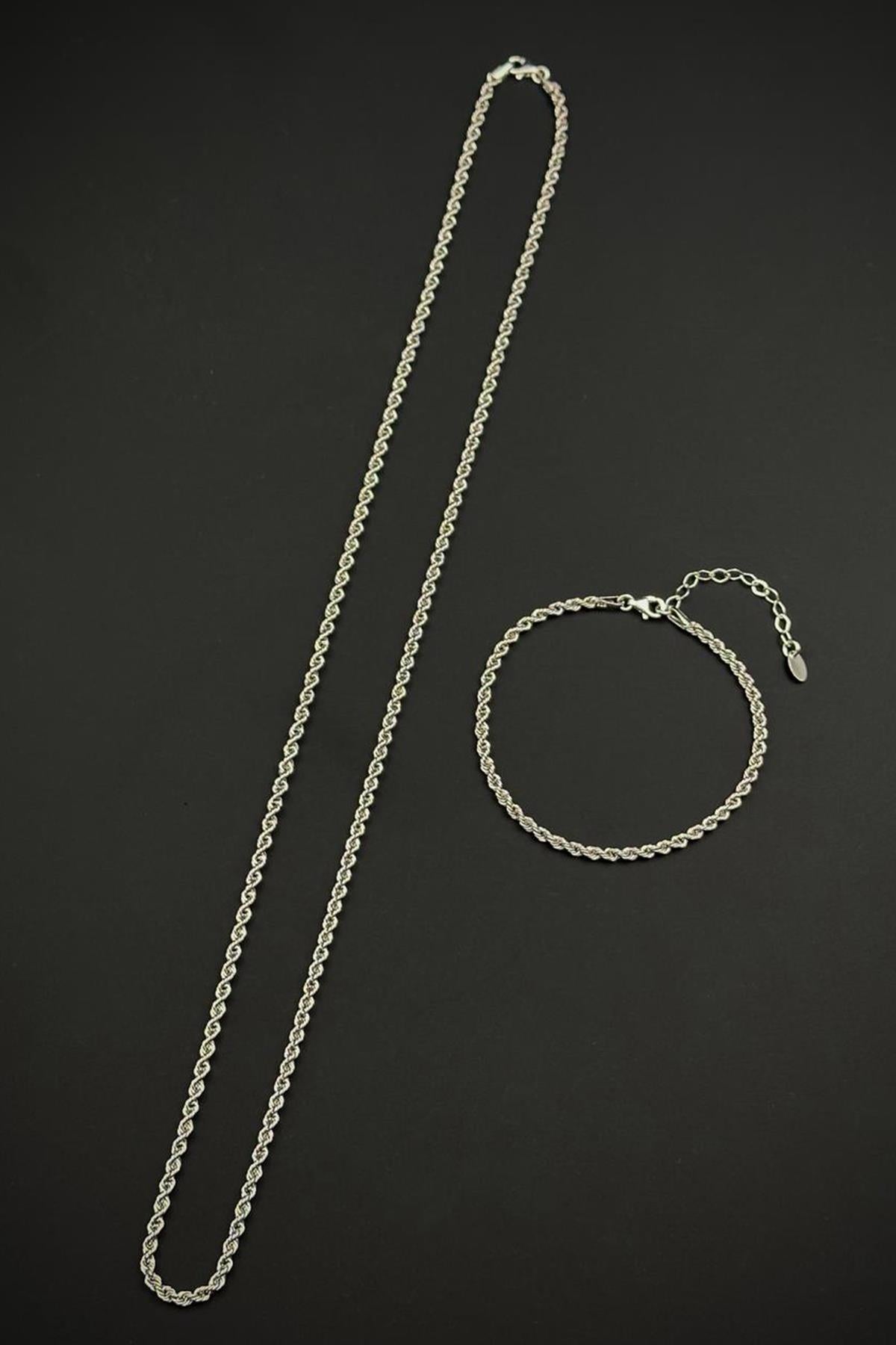 FRNCH 925 Ayar Gümüş İtalyan Model Gümüş Renk Erkek Bileklik/Kolye Set FRJ12895-3895-A