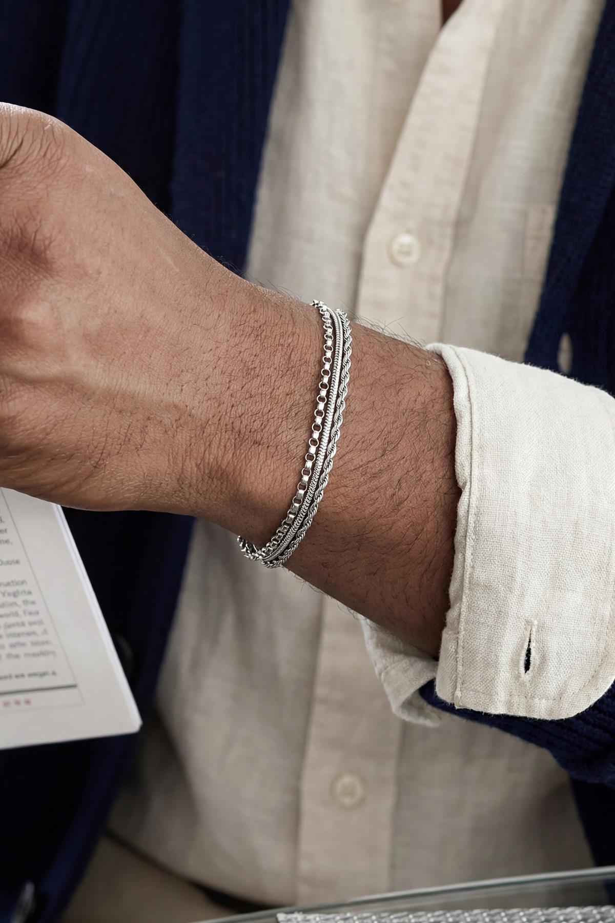 FRNCH 925 Ayar Gümüş İtalyan Model Gümüş Renk Erkek Bileklik Set FRJ12908-3908-A