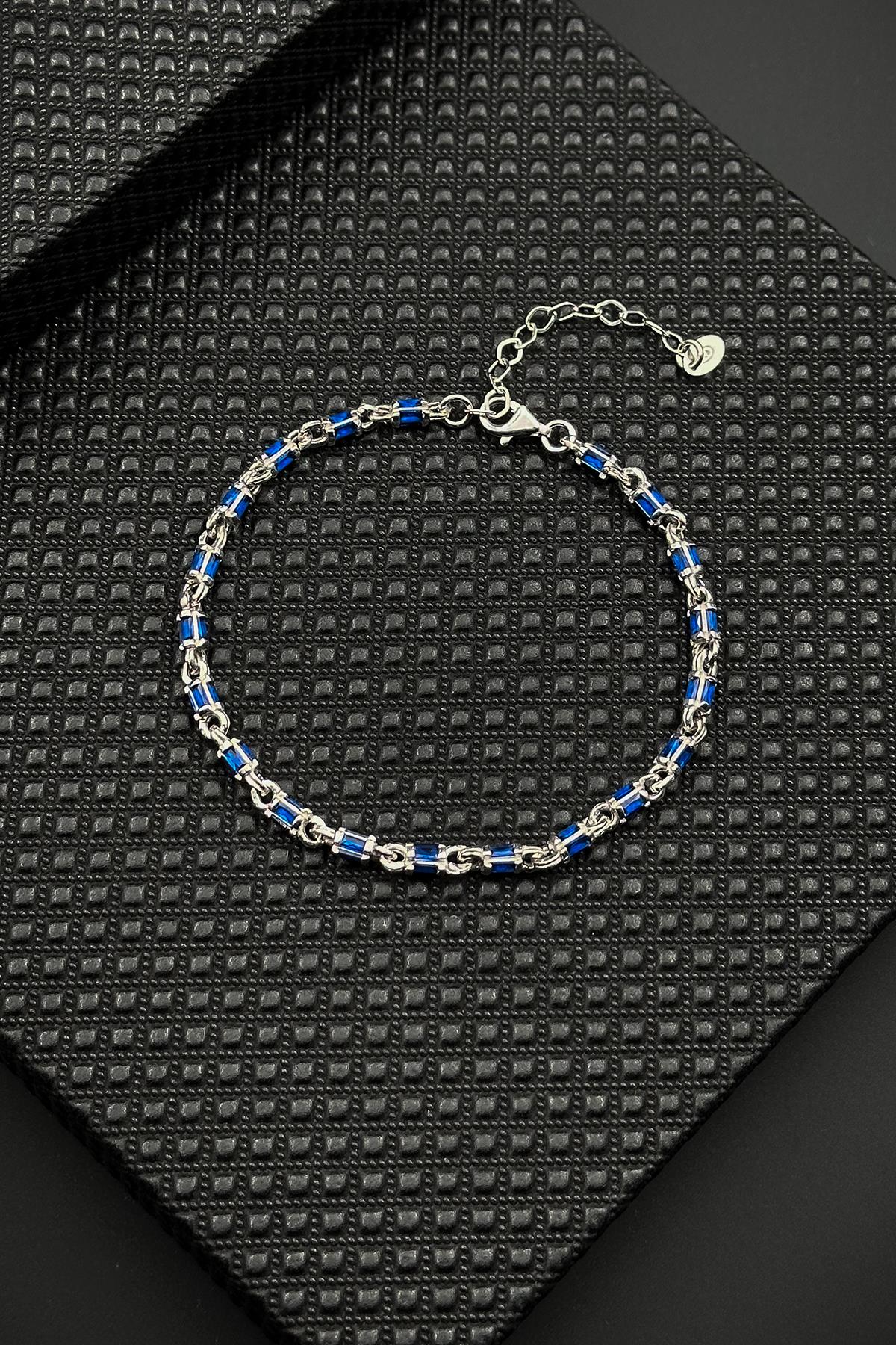 FRNCH 925 Ayar Gümüş italyan Model Lacivert Zirkon Taşlı Gümüş Renk Erkek Bileklik FRJ12635-3635-L