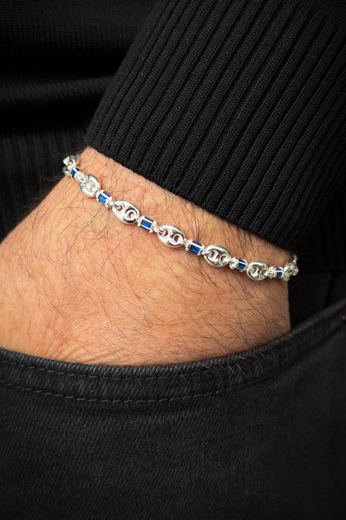 FRNCH 925 Ayar Gümüş İtalyan Model Lacivert Zirkon Taşlı Gümüş Renk Erkek Bileklik FRJ12714-3714-L