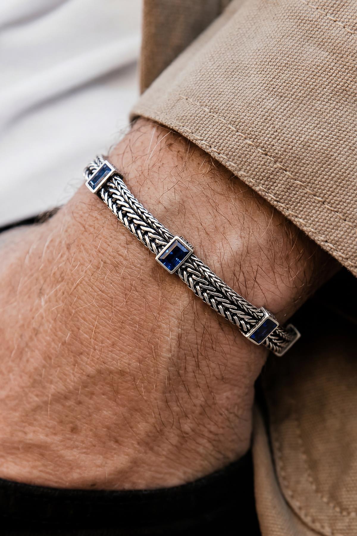 FRNCH 925 Ayar Gümüş İtalyan Model Lacivert Zirkon Taşlı Gümüş Renk Erkek Bileklik FRJ12927-3927-AL