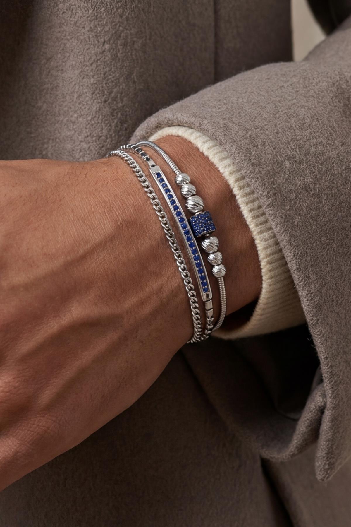FRNCH 925 Ayar Gümüş İtalyan Model Lacivert Zirkon Taşlı Gümüş Renk Erkek Bileklik Set FRJ12909-3909-L