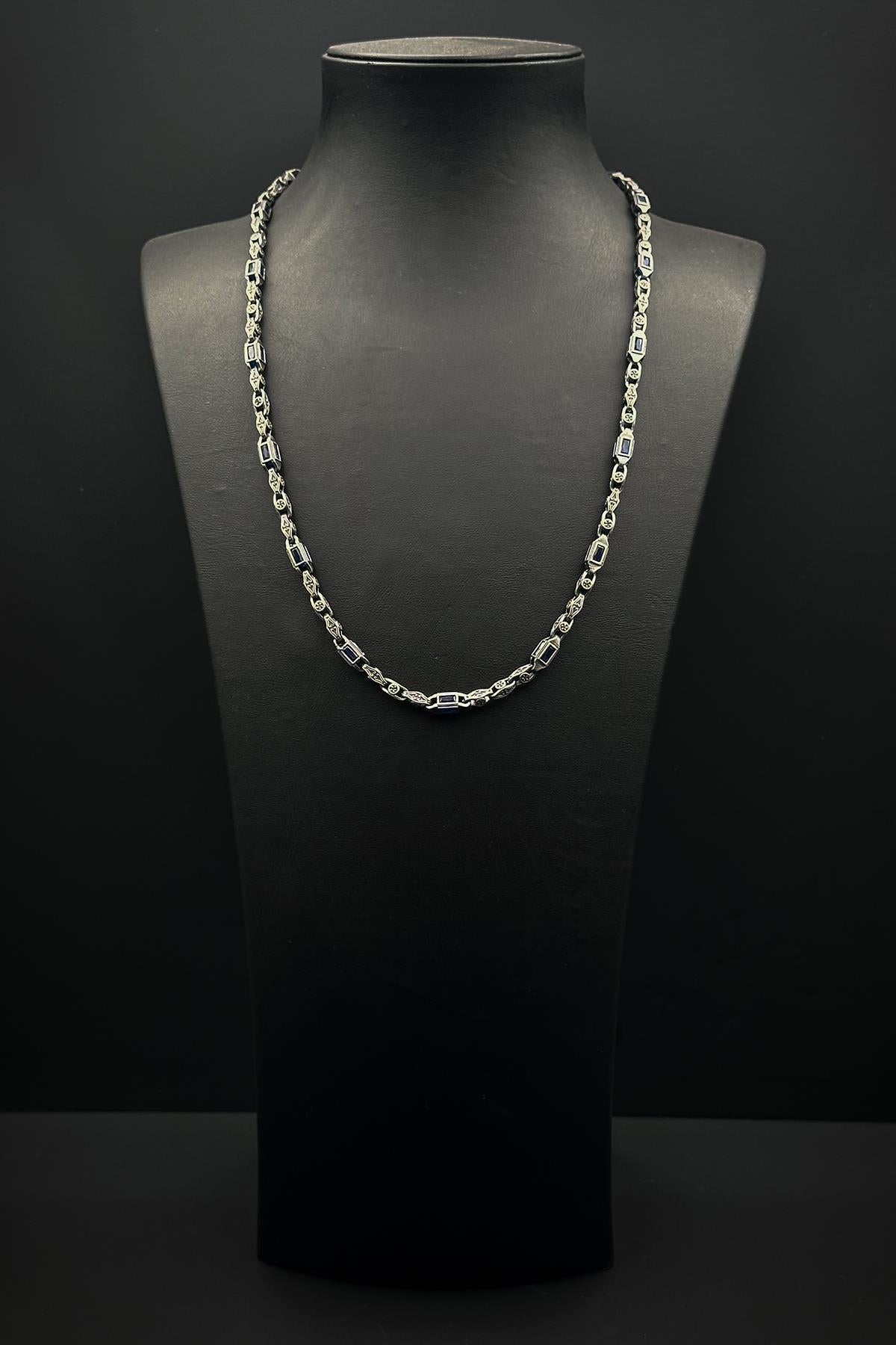 FRNCH 925 Ayar Gümüş İtalyan Model Lacivert Zirkon Taşlı Gümüş Renk Erkek Kolye FRJ30931-1031-L