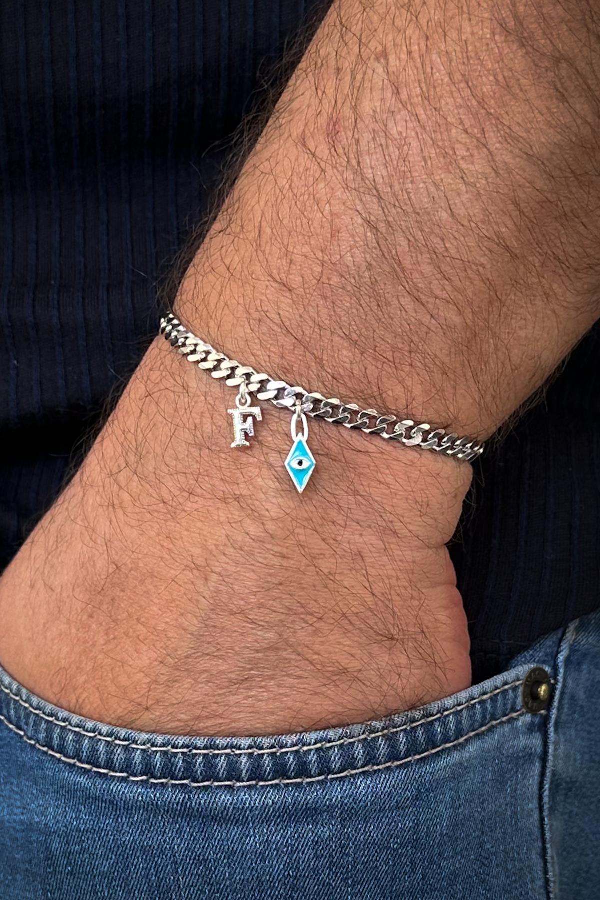 FRNCH 925 Ayar Gümüş İtalyan Model Nazar Boncuğu ve Harfli Gümüş Renk Erkek Bileklik FRJ12229-3229-M