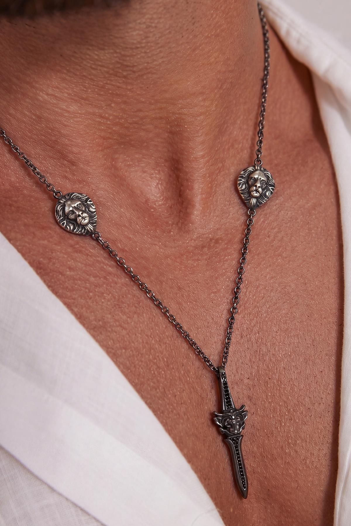 FRNCH 925 Ayar Gümüş İtalyan Model Siyah Zirkon Taşlı Antik Gümüş Renk Erkek Kolye FRJ30961-1061-A2