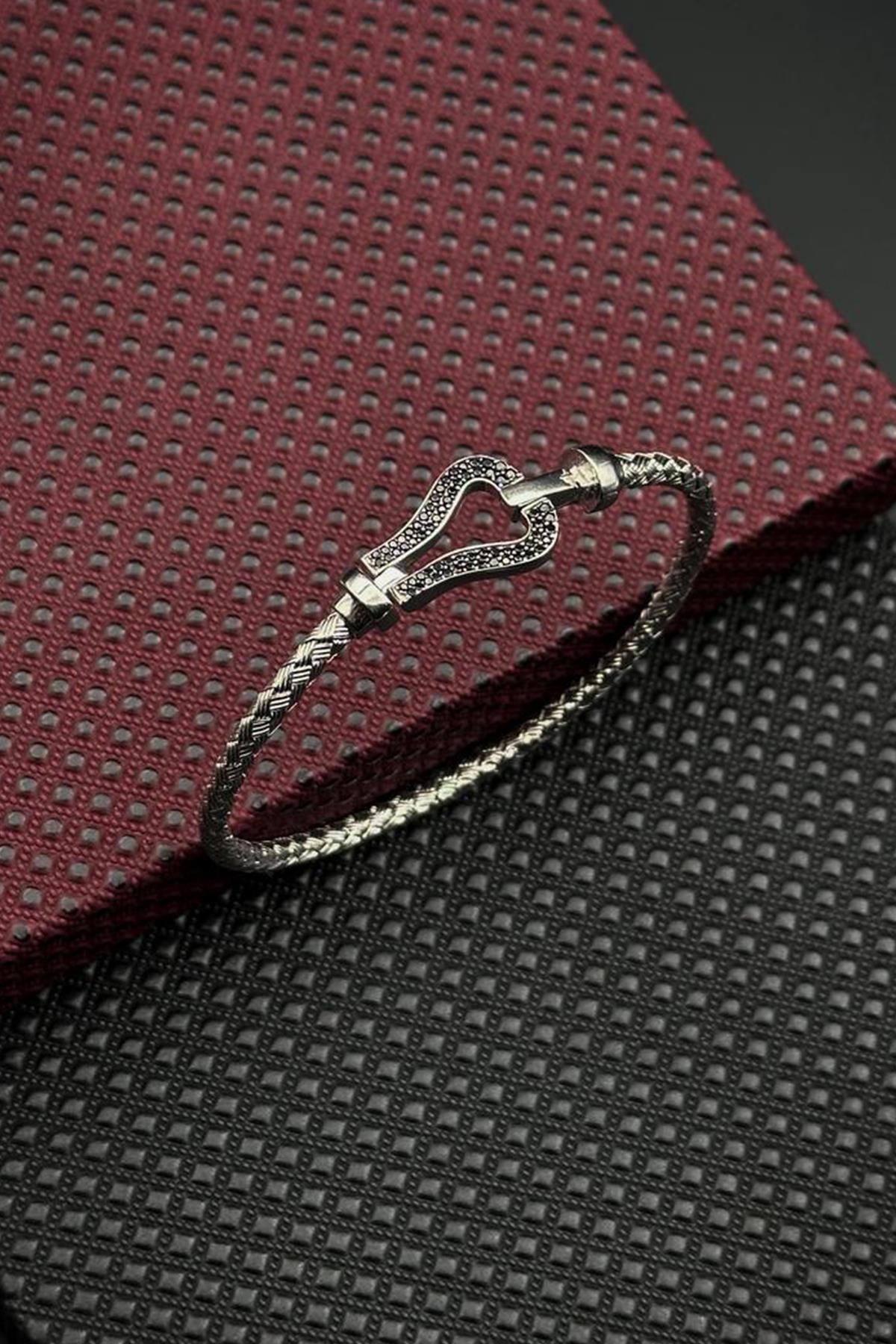 FRNCH 925 Ayar Gümüş İtalyan Model Siyah Zirkon Taşlı Gümüş Renk Erkek Bileklik FRJ12713-3713-A