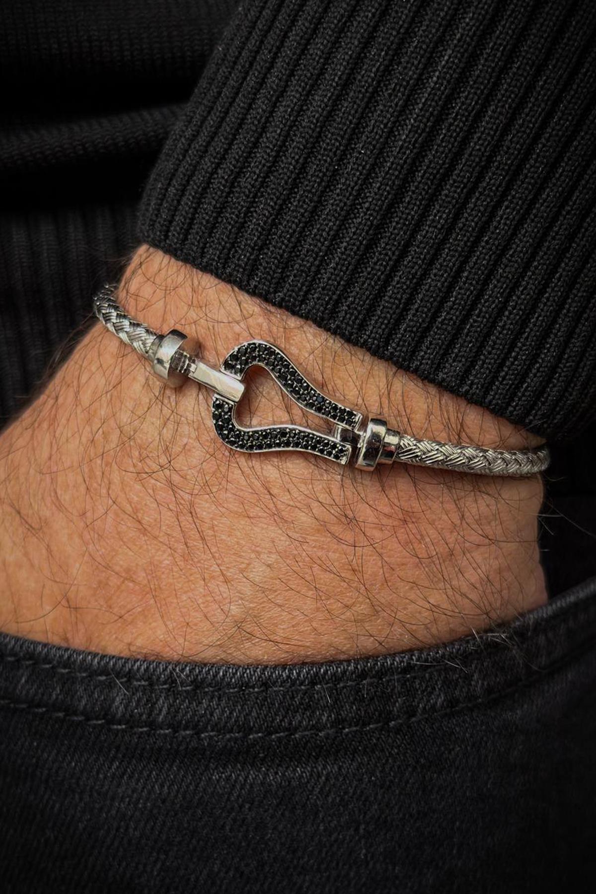 FRNCH 925 Ayar Gümüş İtalyan Model Siyah Zirkon Taşlı Gümüş Renk Erkek Bileklik FRJ12713-3713-A