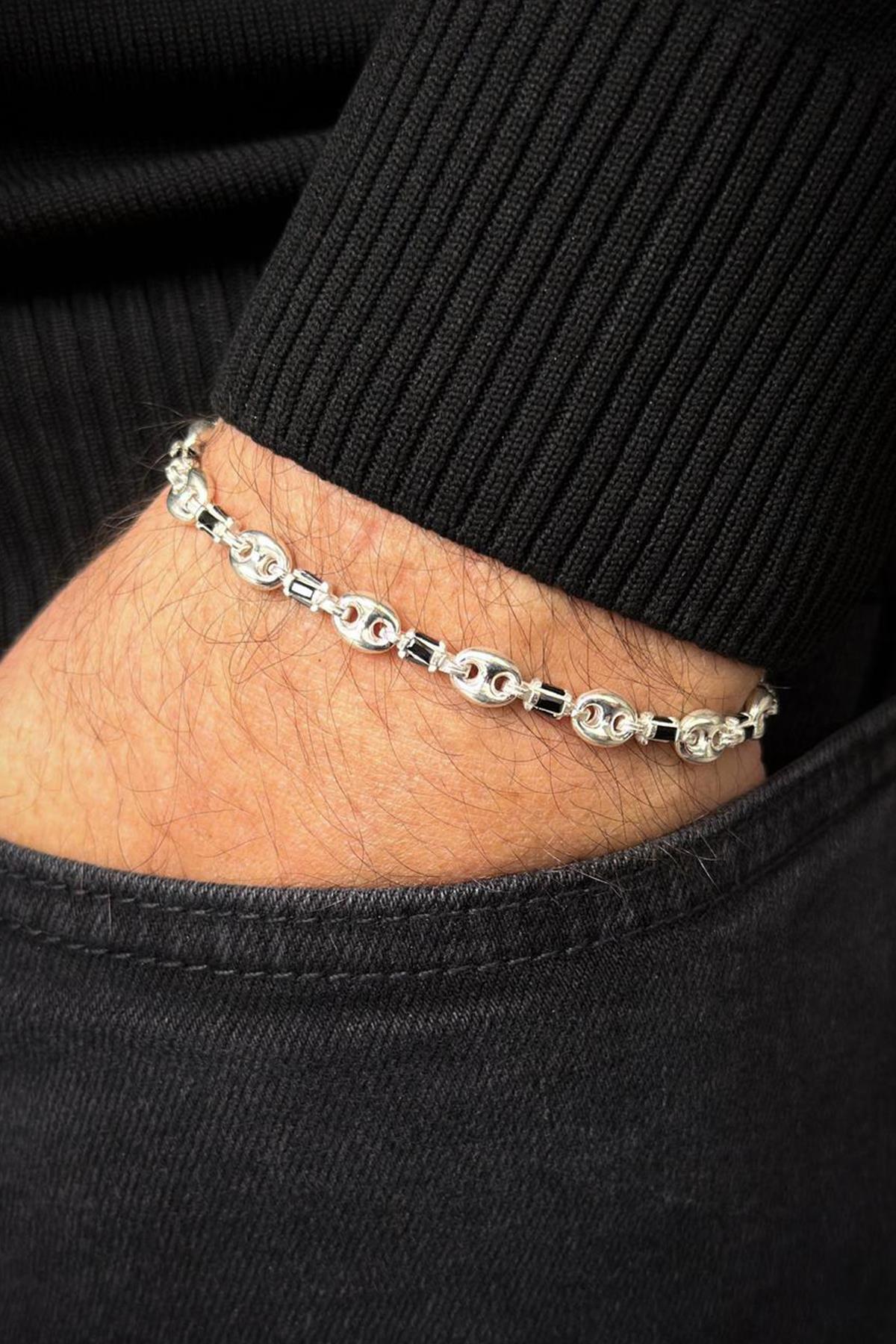 FRNCH 925 Ayar Gümüş İtalyan Model Siyah Zirkon Taşlı Gümüş Renk Erkek Bileklik FRJ12714-3714-S