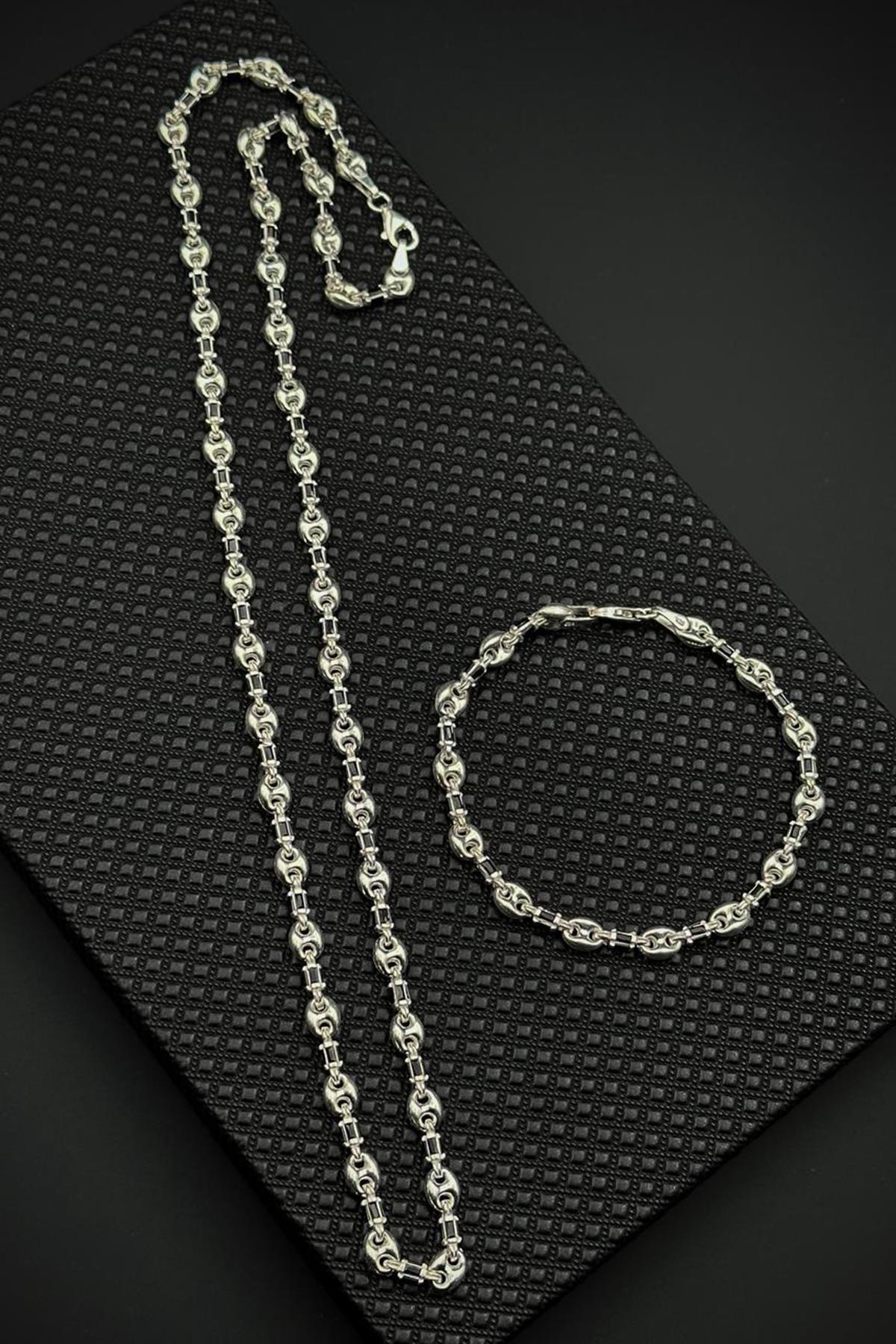 FRNCH 925 Ayar Gümüş İtalyan Model Siyah Zirkon Taşlı Gümüş Renk Erkek Bileklik/Kolye Set FRJ12715-3715-S