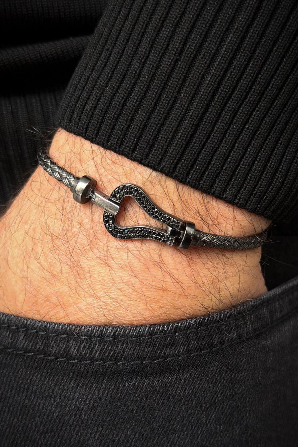 FRNCH 925 Ayar Gümüş İtalyan Model Siyah Zirkon Taşlı Siyah Renk Erkek Bileklik FRJ12713-3713-B2