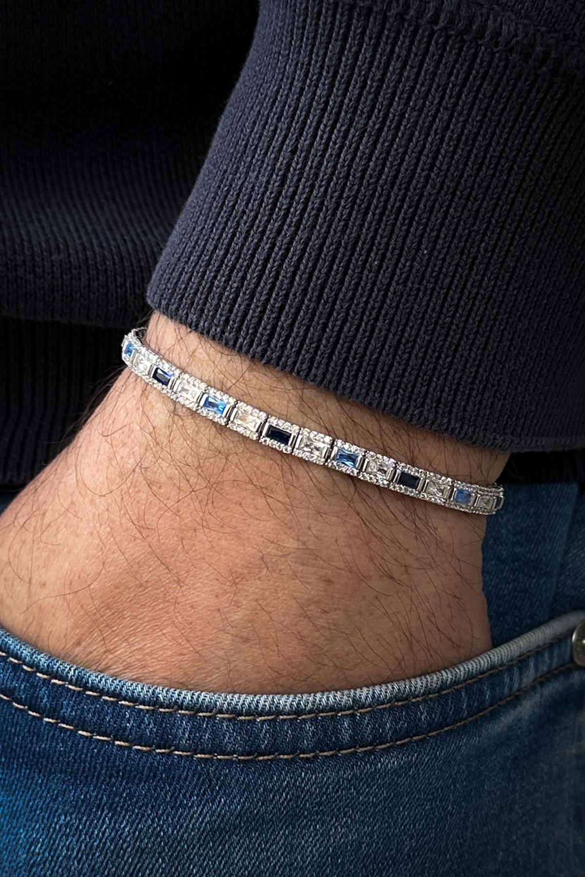 FRNCH 925 Ayar Gümüş İtalyan Model Zirkon Taşlı Lacivert-Mavi Renkli Erkek Bileklik FRJ12181-3181-LMA
