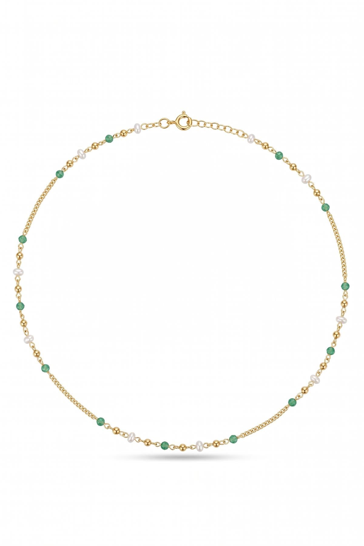 FRNCH 925 Ayar Gümüş Jade ve İnci Taşlı Altın Renk Kadın Kolye FRJ30997-1097-GY