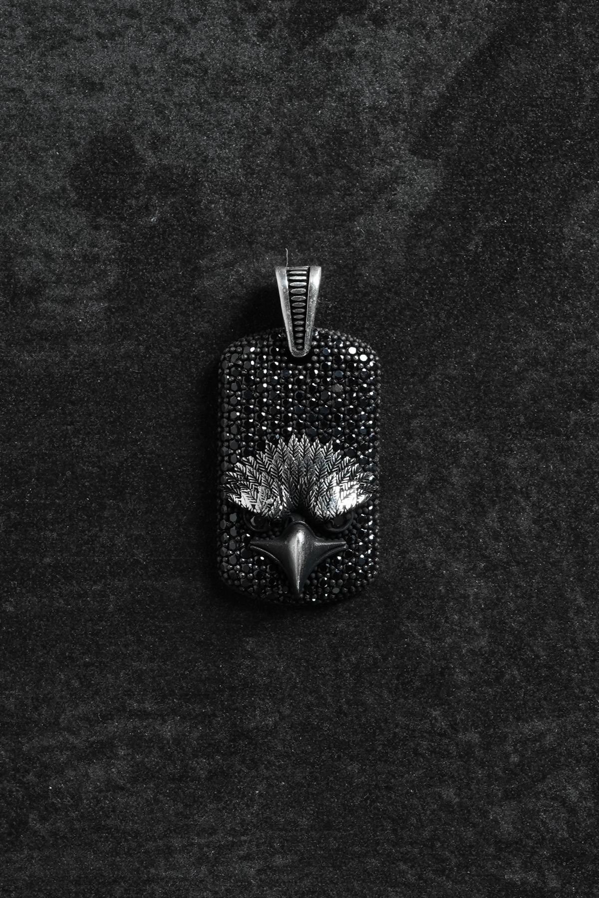 FRNCH 925 Ayar Gümüş Kartal Figürlü Siyah Taşlı Gümüş Renk Erkek Kolye Ucu FRKU-1031