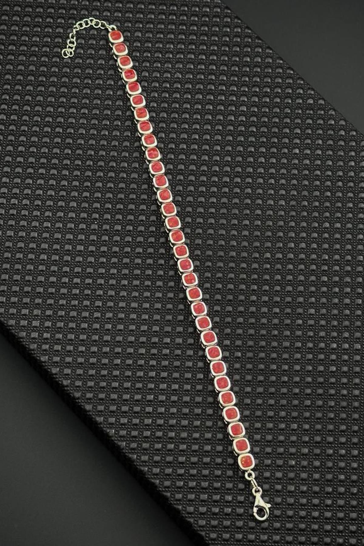 FRNCH 925 Ayar Gümüş Kırmızı Doğal Taşlı Gümüş Renk Erkek Bileklik FRJ12678-3678-K