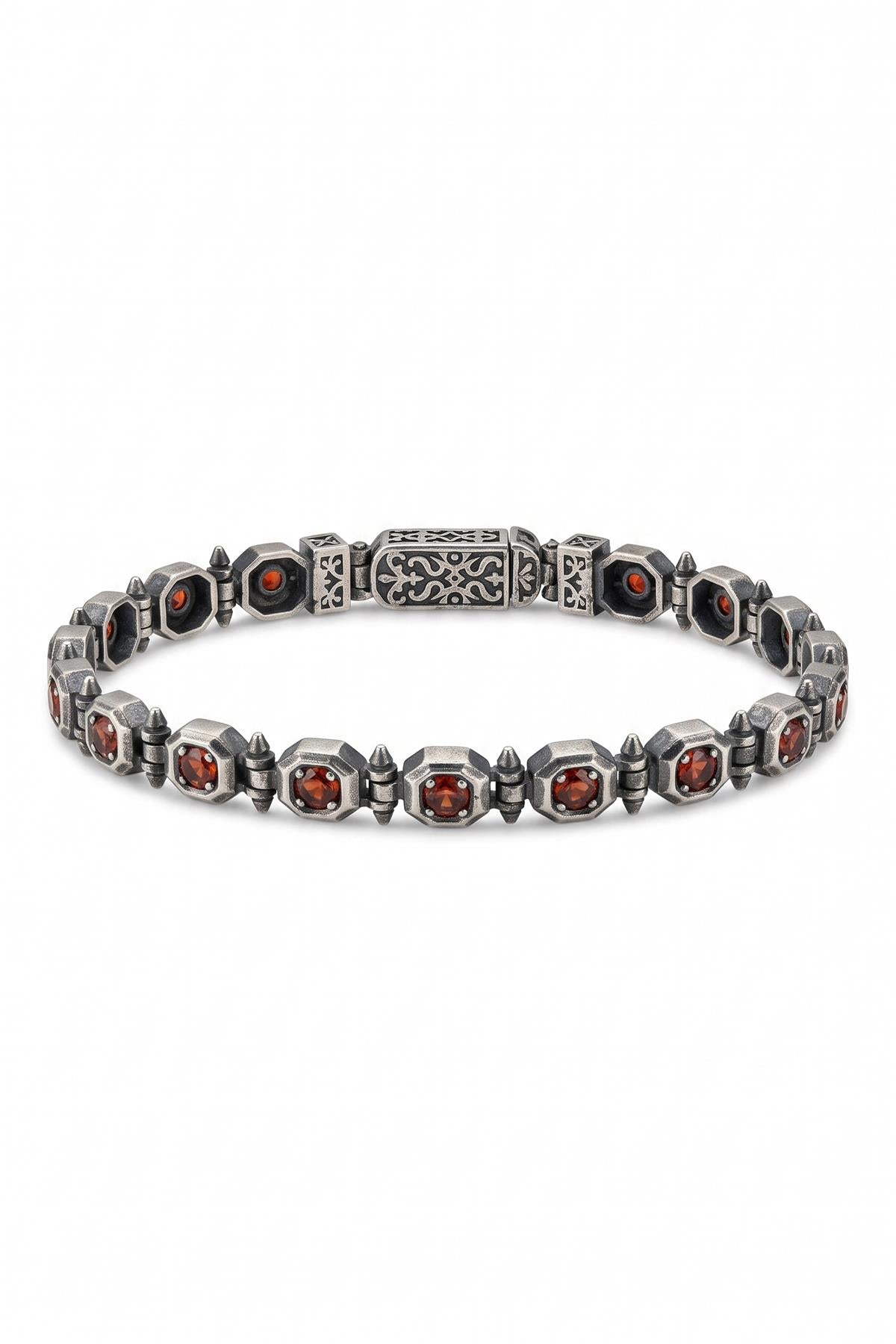 FRNCH 925 Ayar Gümüş Kırmızı Zirkon Taşlı Gümüş Renk Erkek Bileklik FRJ13095-4095-K