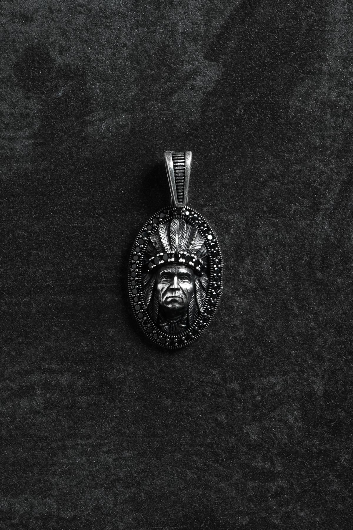 FRNCH 925 Ayar Gümüş Kızılderili Figürlü Gümüş Renk Erkek Kolye Ucu FRKU-1010