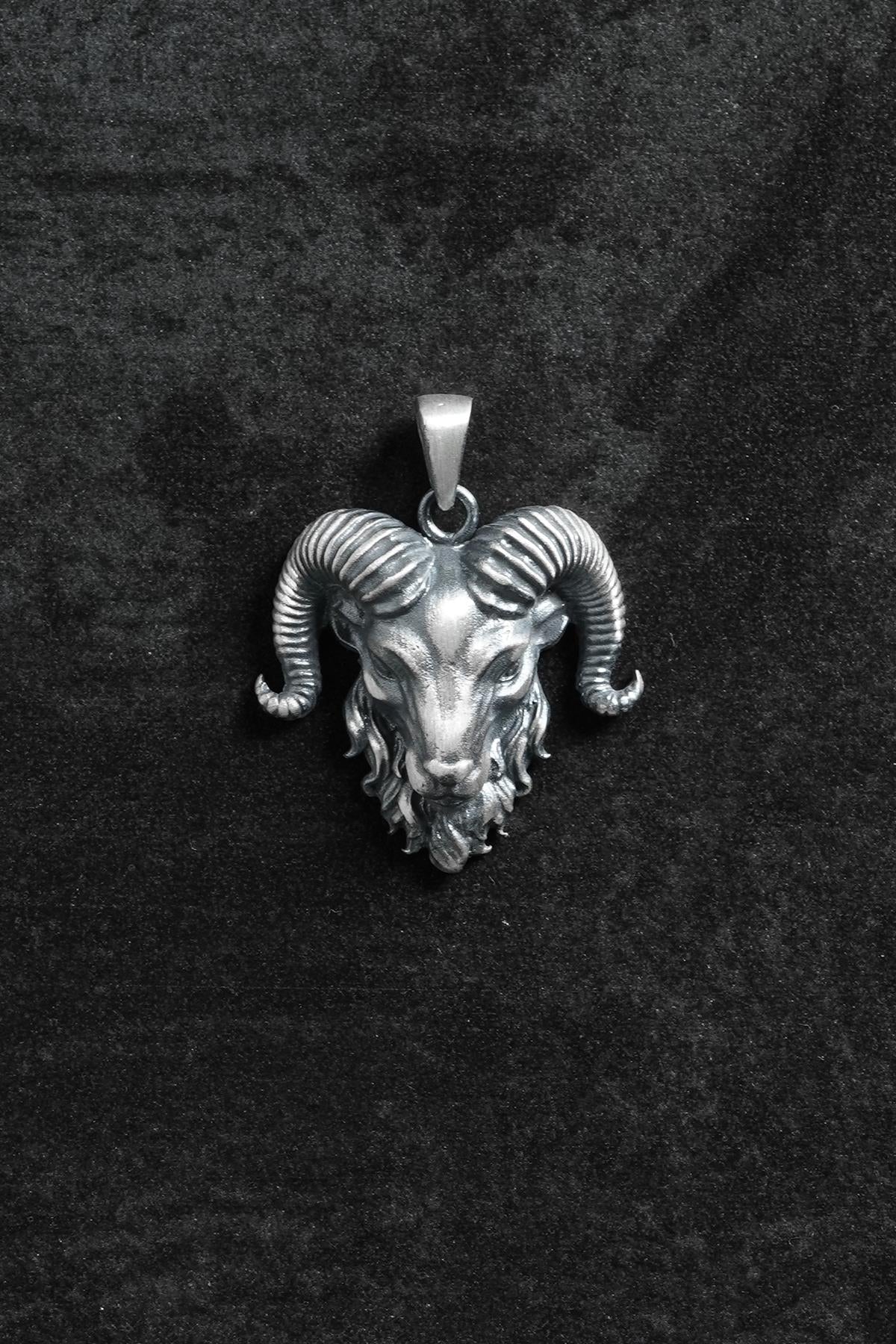 FRNCH 925 Ayar Gümüş Koç Kafası Figürlü Gümüş Renk Erkek Kolye Ucu FRKU-1057