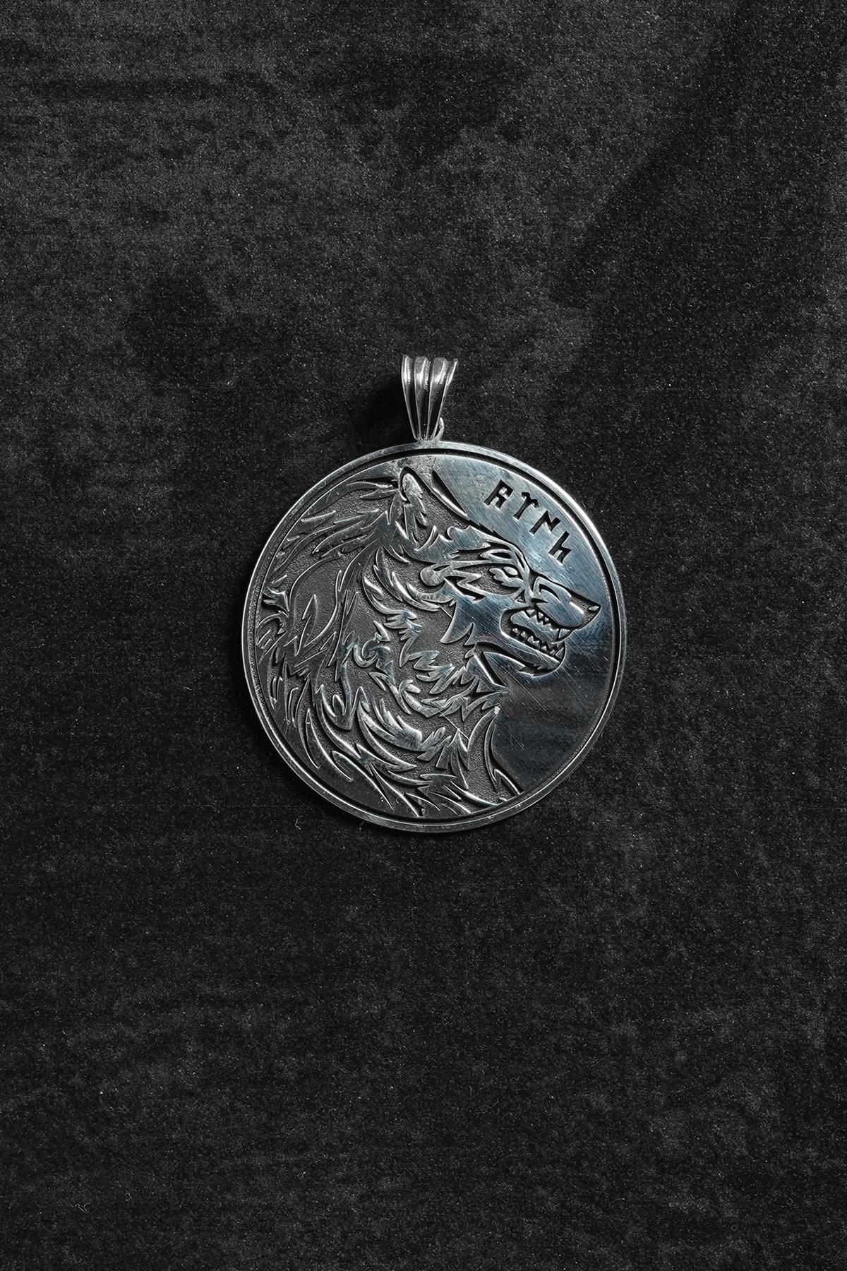 FRNCH 925 Ayar Gümüş Kurt Başı Figürlü Gümüş Renk Erkek Kolye Ucu FRKU-1062