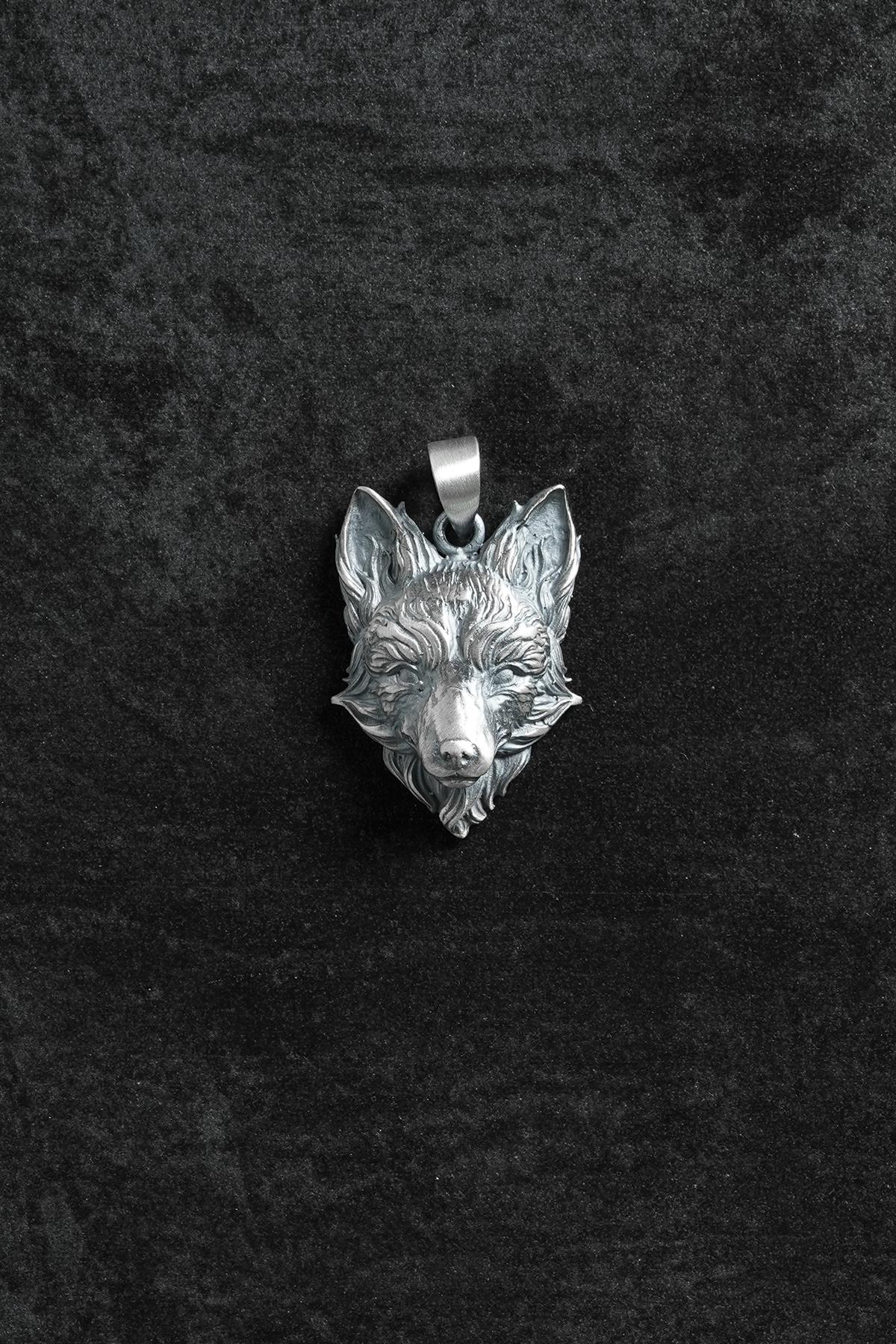 FRNCH 925 Ayar Gümüş Kurt Figürlü Gümüş Renk Erkek Kolye Ucu FRKU-1046