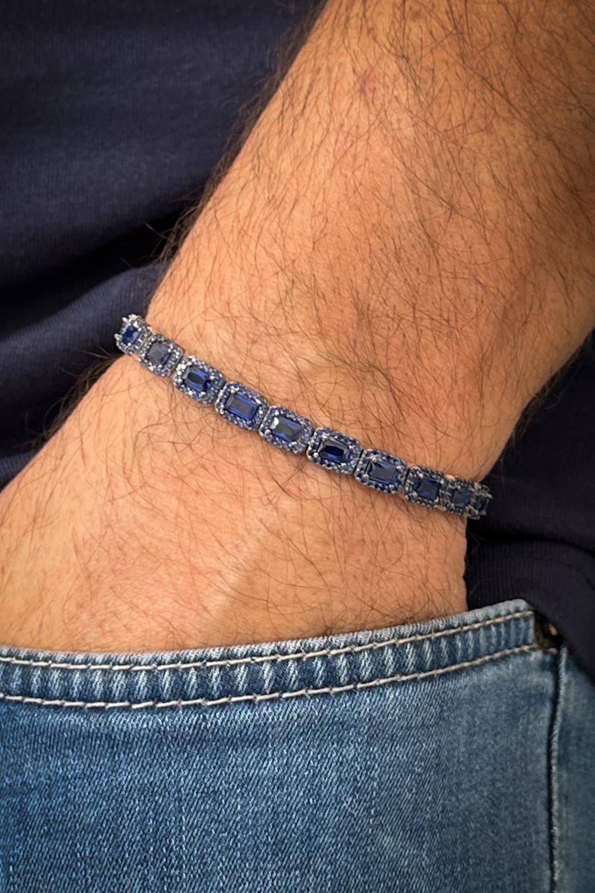 FRNCH 925 Ayar Gümüş Lacivert Baget Zirkon Taşlı Gümüş Renk Erkek Bileklik FRJ12644-3644-L