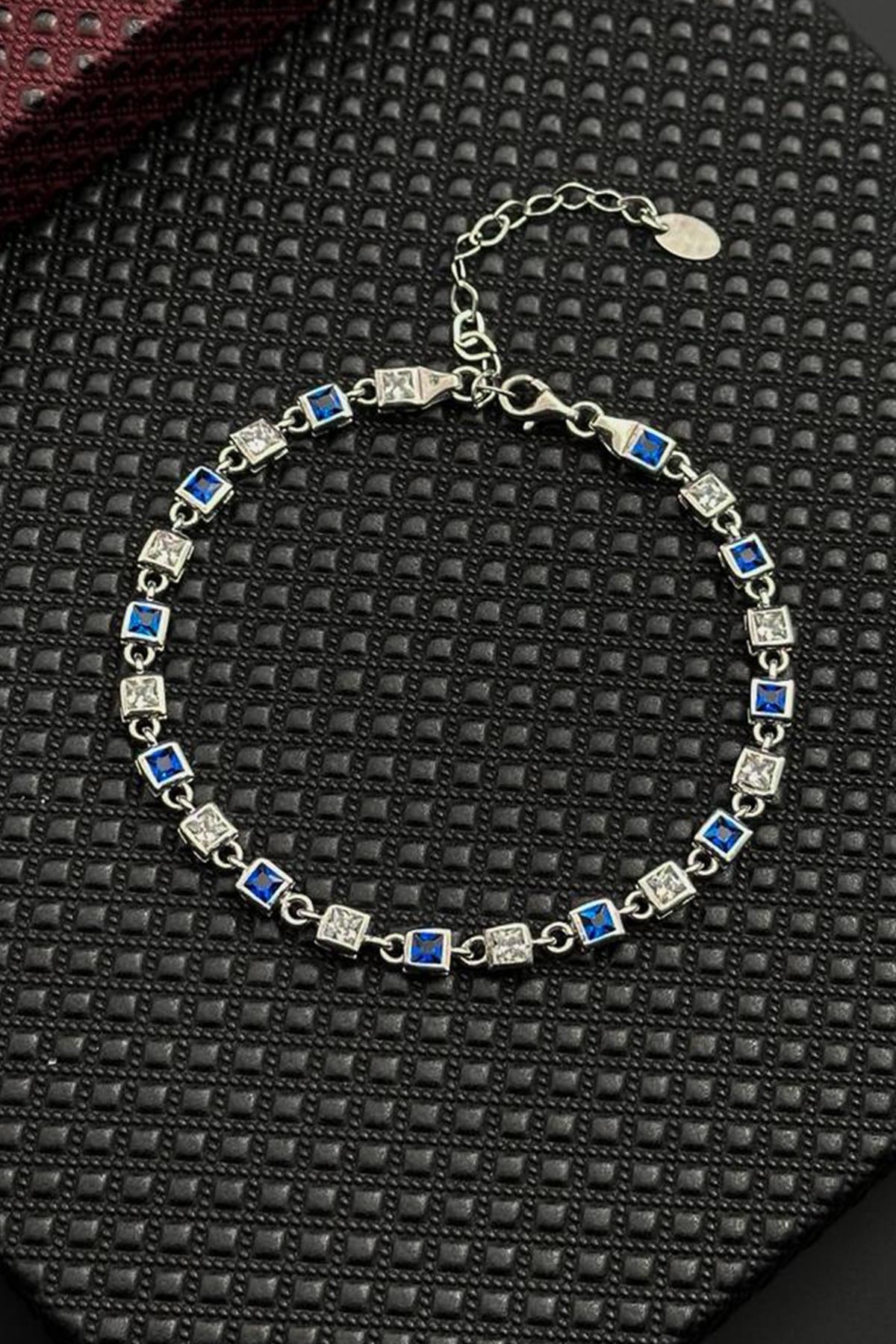 FRNCH 925 Ayar Gümüş Lacivert-Beyaz Zirkon Taşlı Gümüş Renk Erkek Bileklik FRJ12717-3717-LA