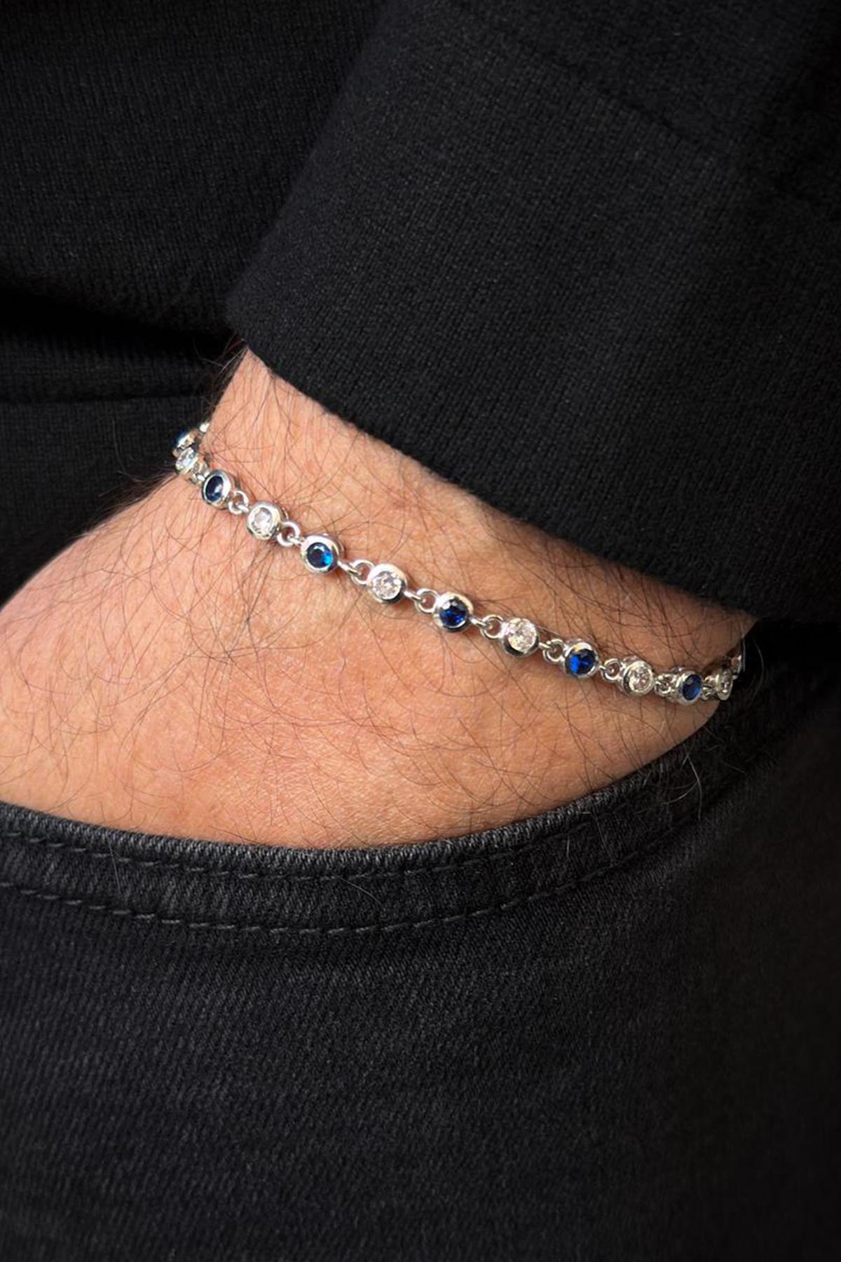 FRNCH 925 Ayar Gümüş Lacivert-Beyaz Zirkon Taşlı Gümüş Renk Erkek Bileklik FRJ12720-3720-LA