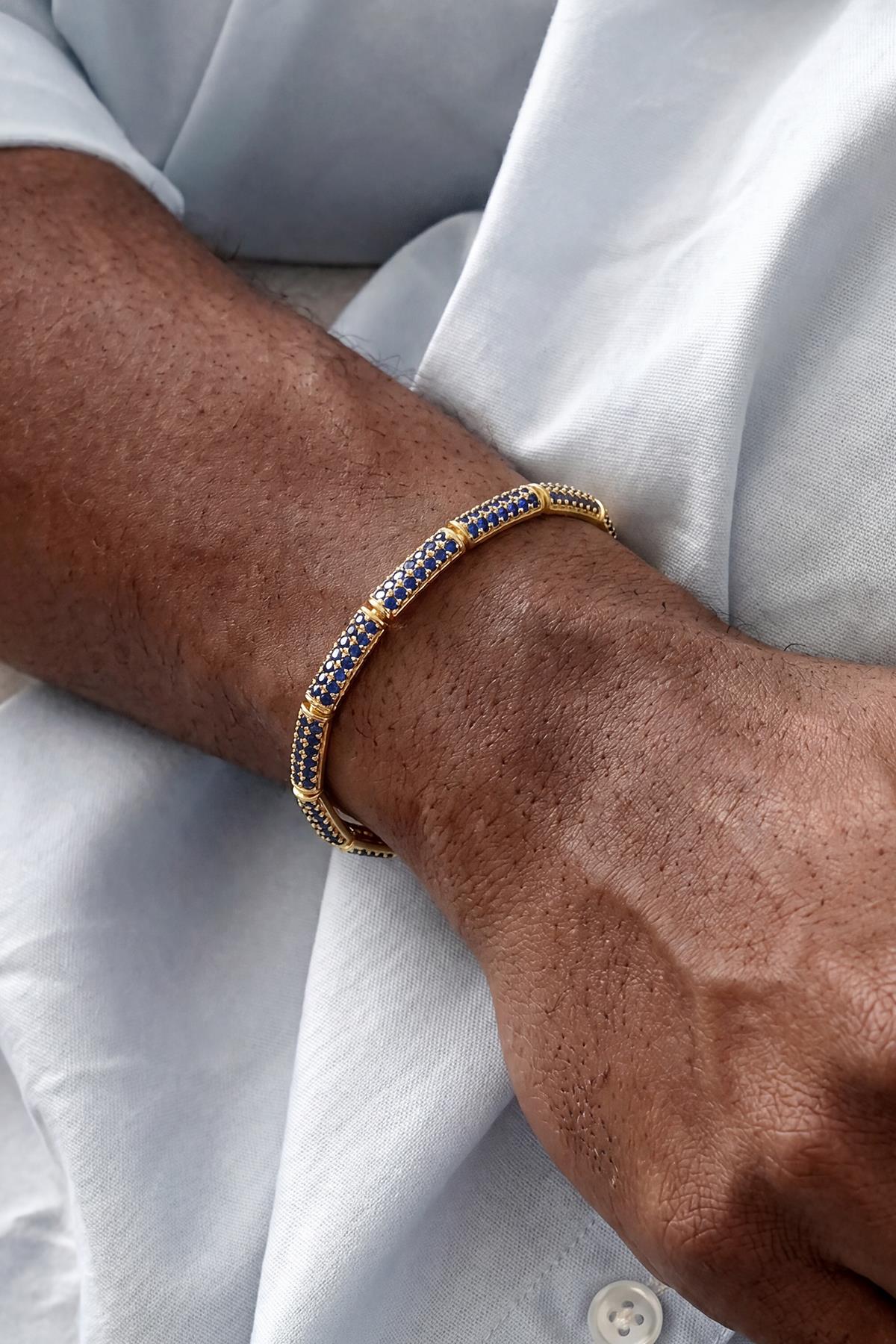 FRNCH 925 Ayar Gümüş Lacivert Zirkon Taşlı Altın Renk Erkek Bileklik FRJ12932-3932-LG