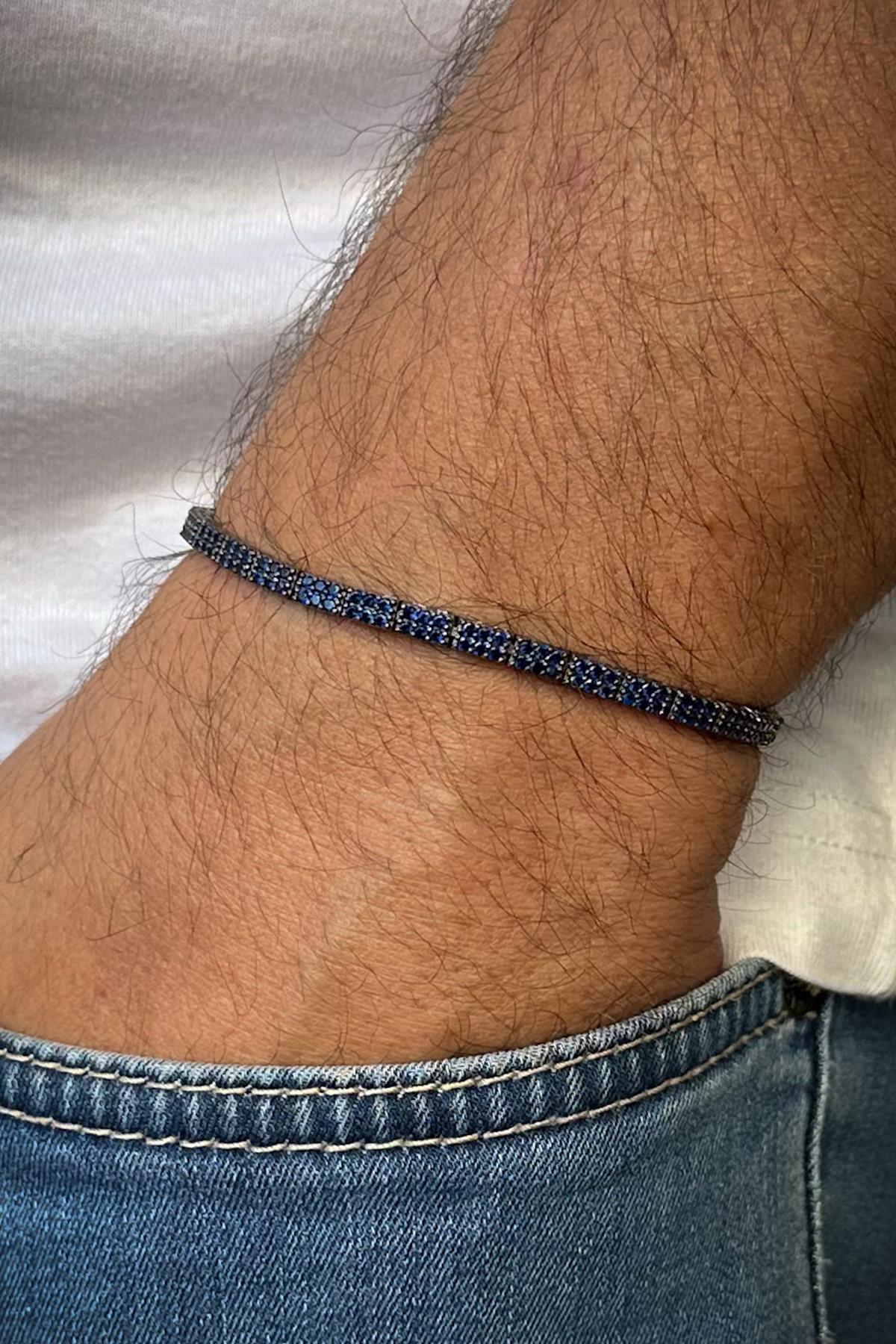 FRNCH 925 Ayar Gümüş Lacivert Zirkon Taşlı Erkek Bileklik FRJ12598-3598-L