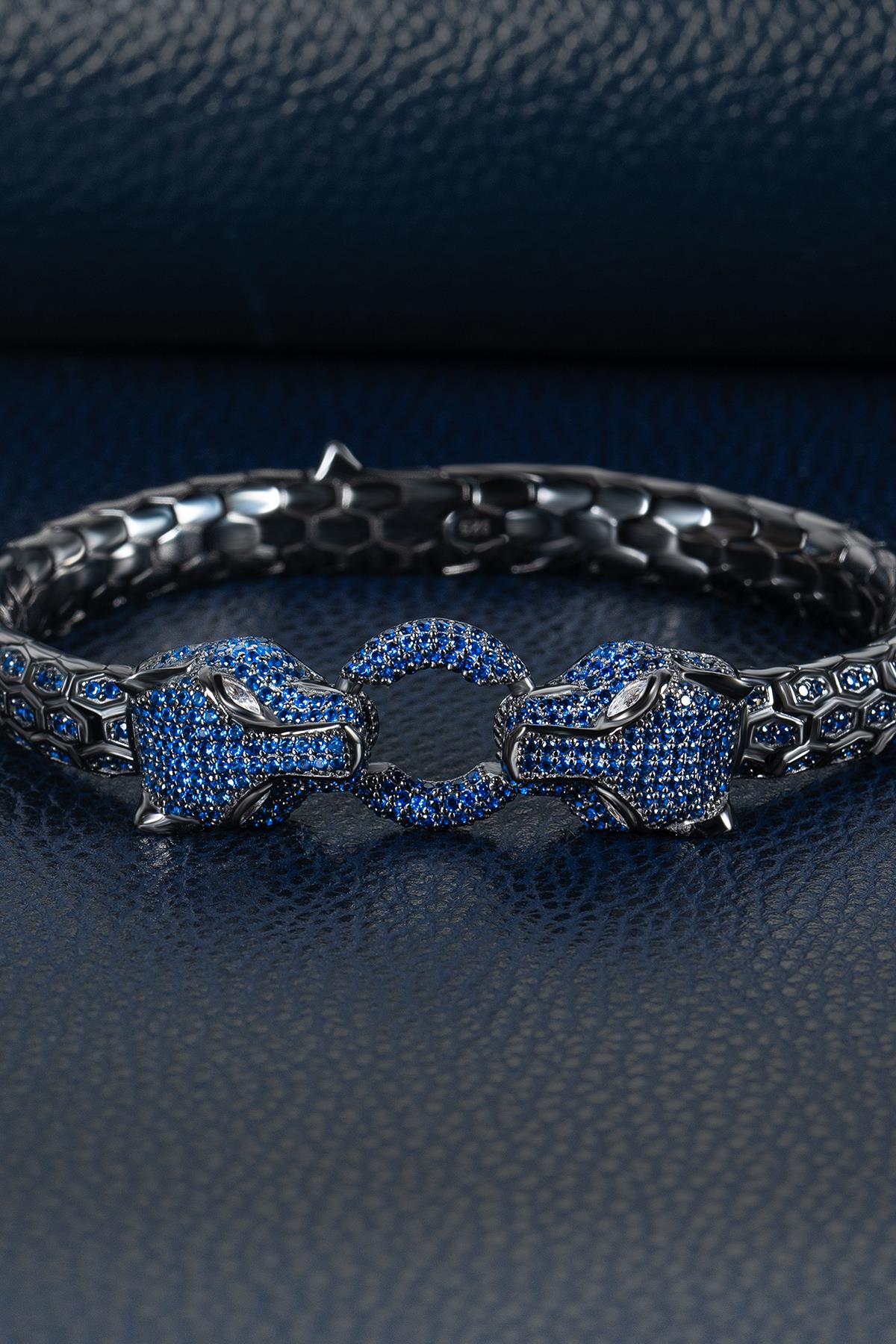 FRNCH 925 Ayar Gümüş Lacivert Zirkon Taşlı Füme Renk Erkek Bileklik FRJ12681-3681-L