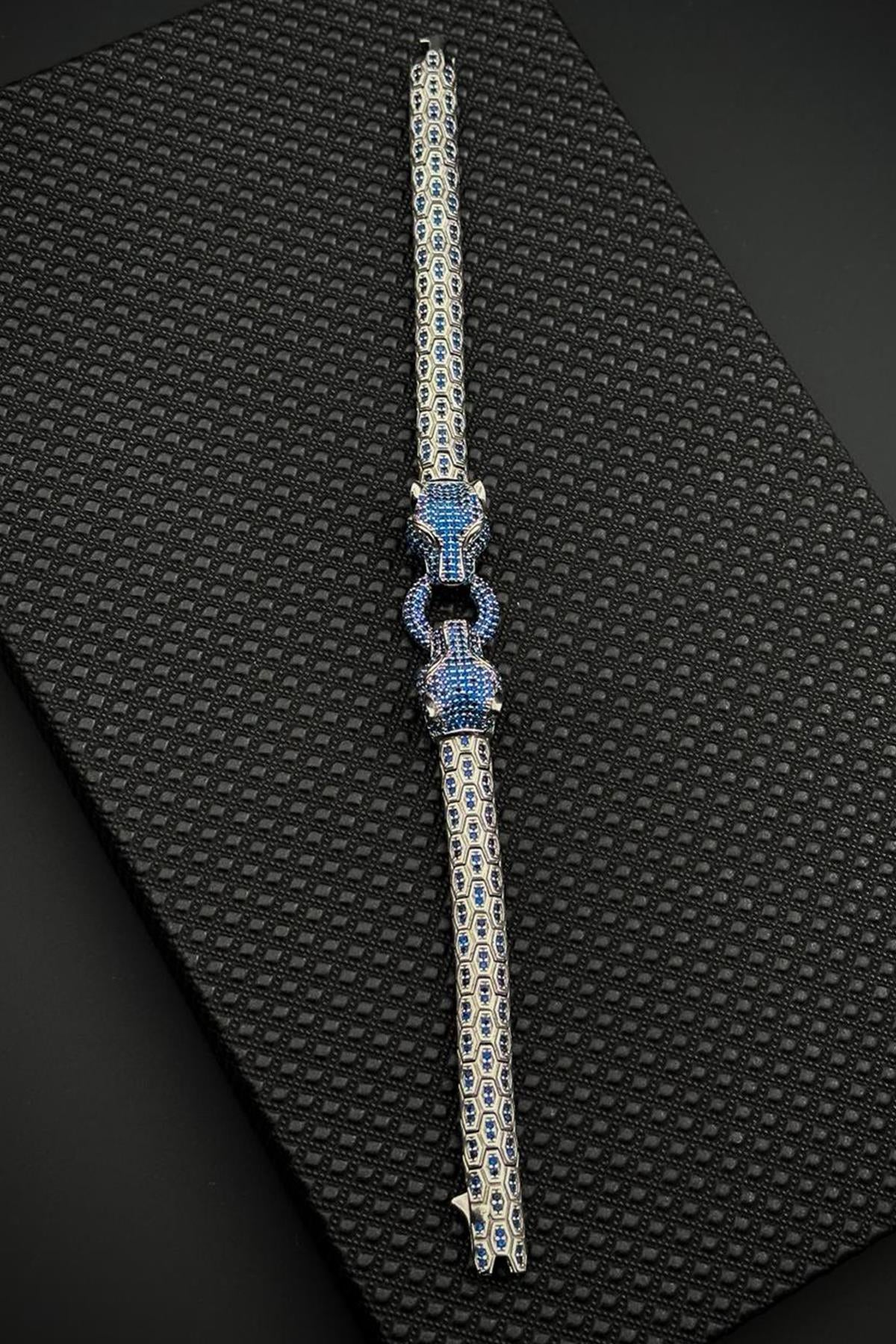 FRNCH 925 Ayar Gümüş Lacivert Zirkon Taşlı Gümüş Renk Erkek Bileklik FRJ12681-3681-LA