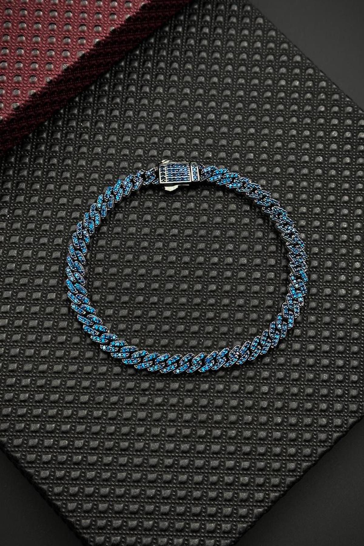 FRNCH 925 Ayar Gümüş Lacivert Zirkon Taşlı Gümüş Renk Erkek Bileklik FRJ12683-3683-L