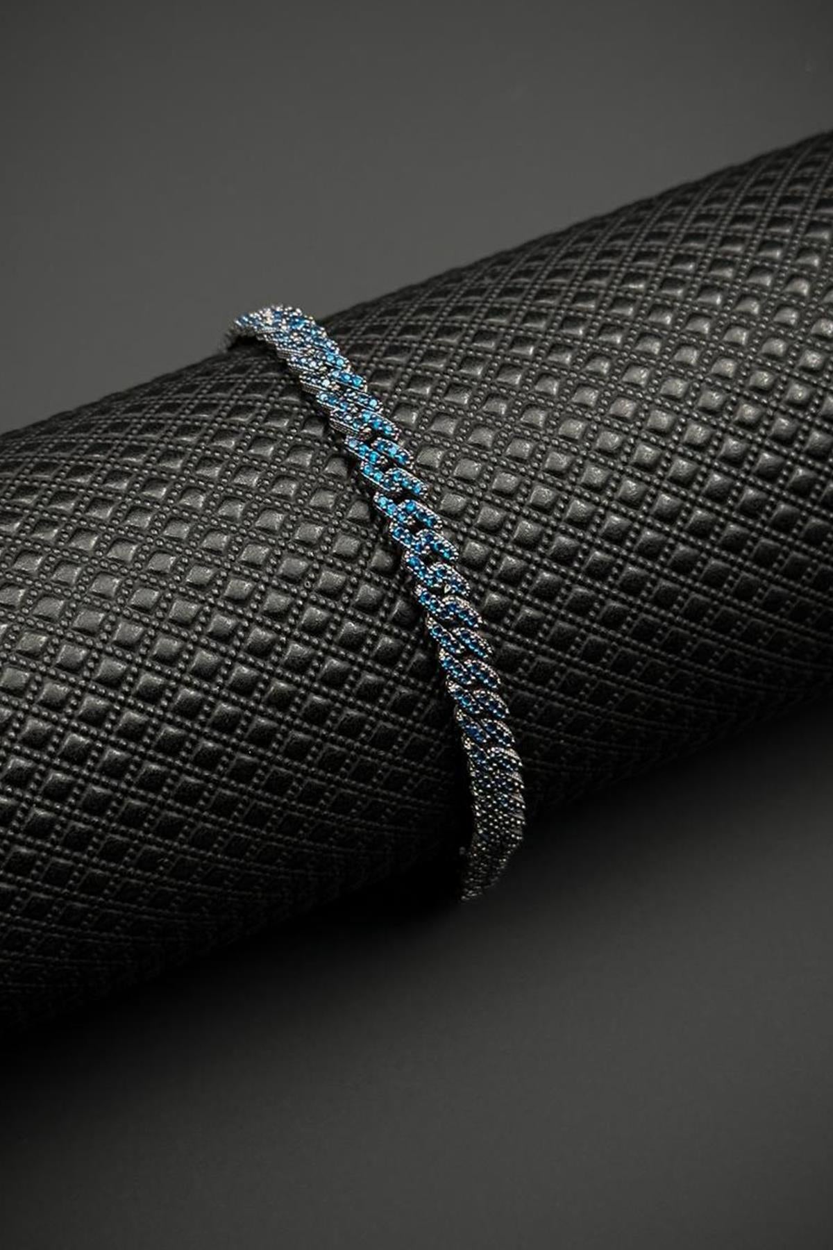 FRNCH 925 Ayar Gümüş Lacivert Zirkon Taşlı Gümüş Renk Erkek Bileklik FRJ12683-3683-L