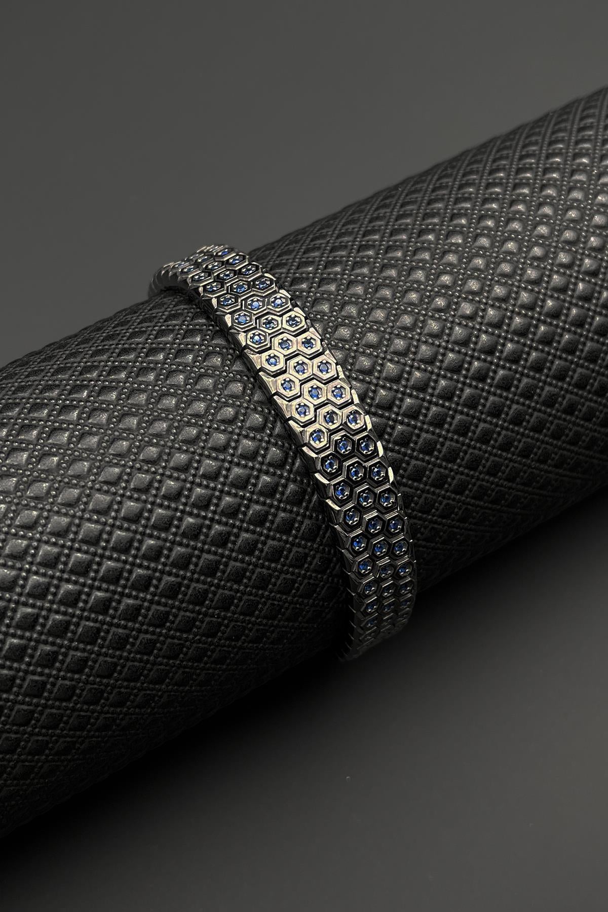 FRNCH 925 Ayar Gümüş Lacivert Zirkon Taşlı Gümüş Renk Erkek Bileklik FRJ12684-3684-L