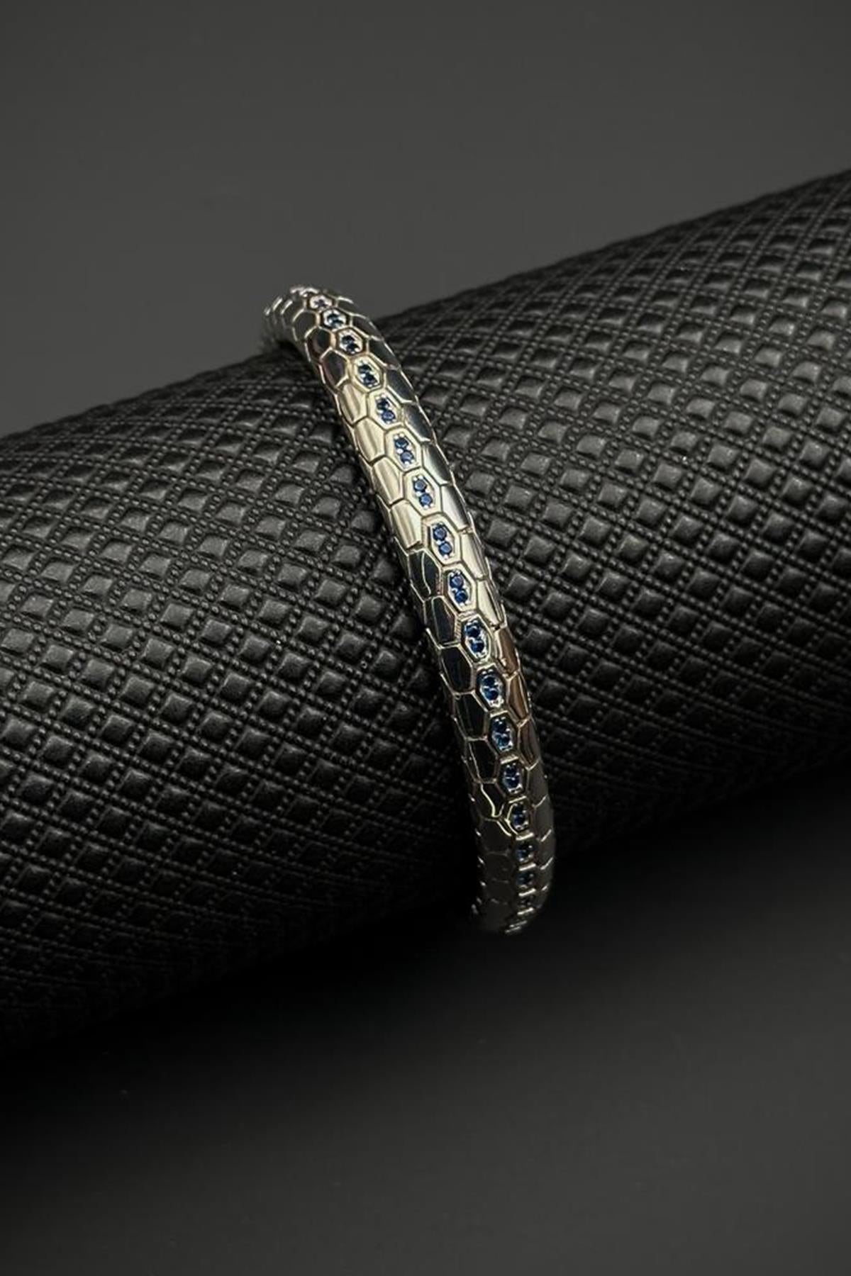 FRNCH 925 Ayar Gümüş Lacivert Zirkon Taşlı Gümüş Renk Erkek Bileklik FRJ12708-3708-LA