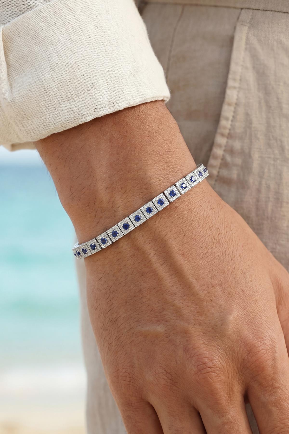 FRNCH 925 Ayar Gümüş Lacivert Zirkon Taşlı Gümüş Renk Erkek Bileklik FRJ12903-3903-L