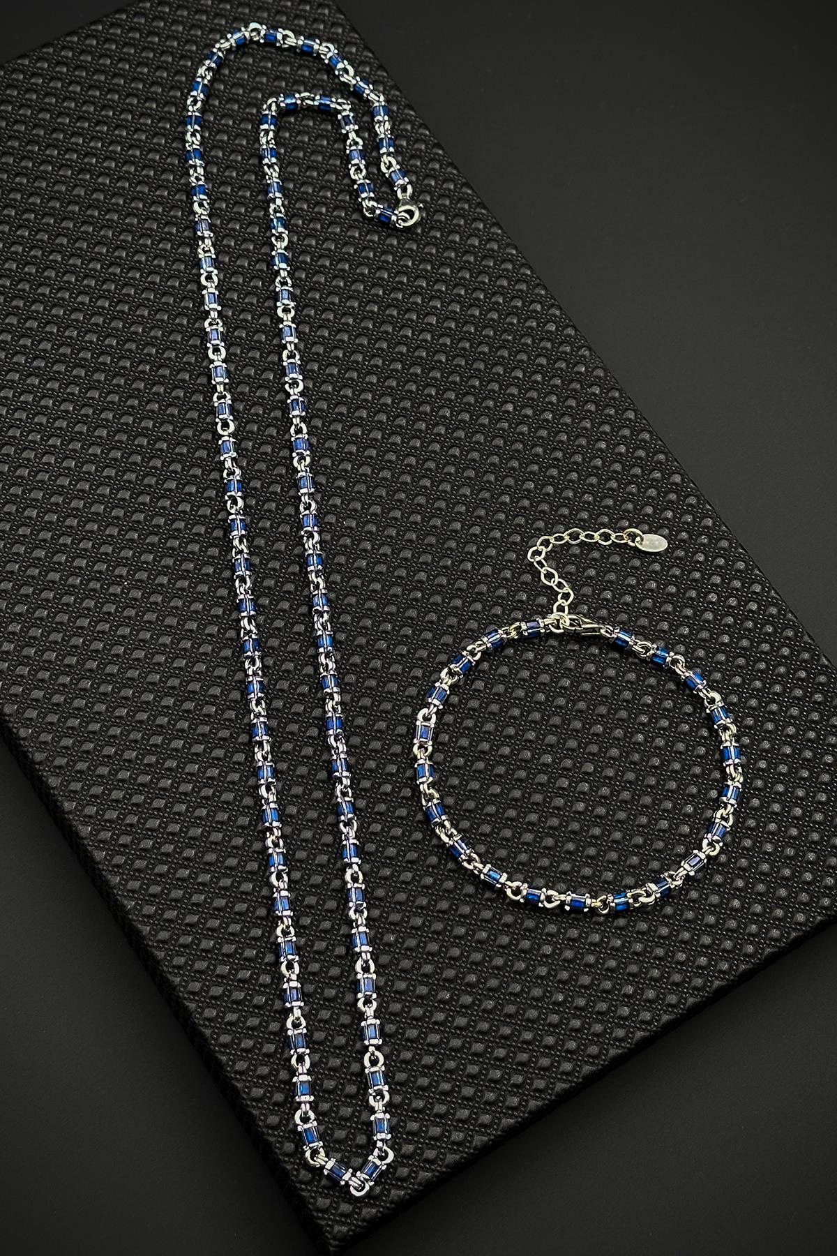 FRNCH 925 Ayar Gümüş Lacivert Zirkon Taşlı Gümüş Renk Erkek Bileklik/Kolye Set FRJ12674-3674-L